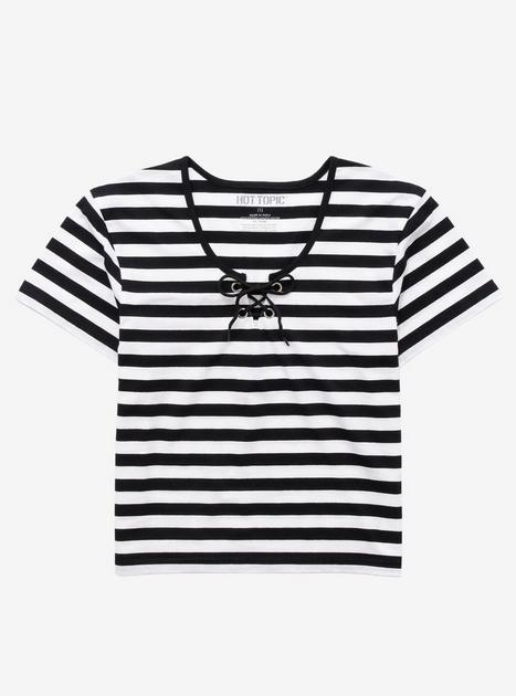 Black & White Stripe Lace-Up Girls Crop T-Shirt Plus Size | Hot Topic