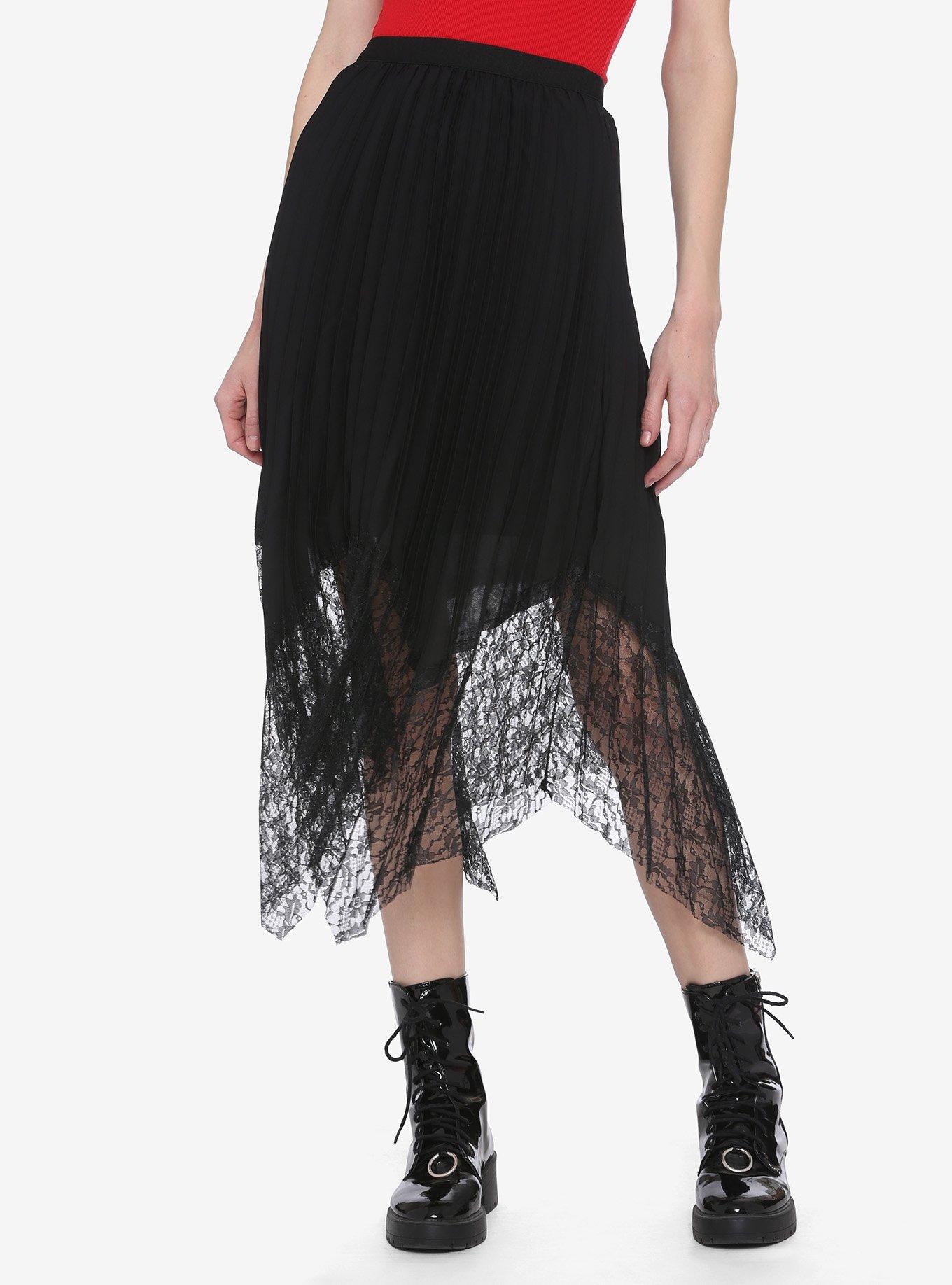 Black Lace Hem Pleated Skirt, IVORY, hi-res