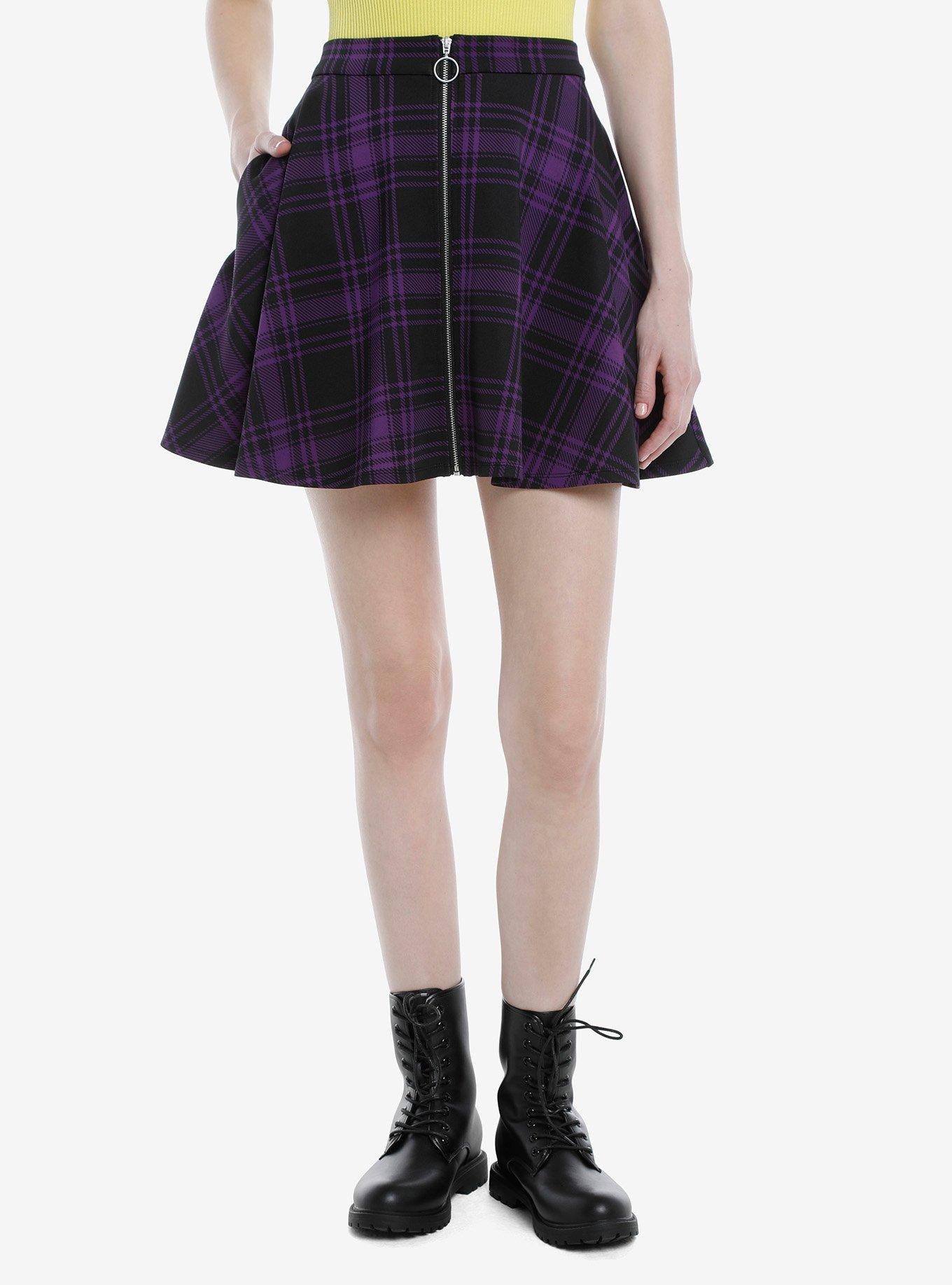 Black & Purple Plaid O-Ring Skater Skirt, PLAID - PURPLE, hi-res