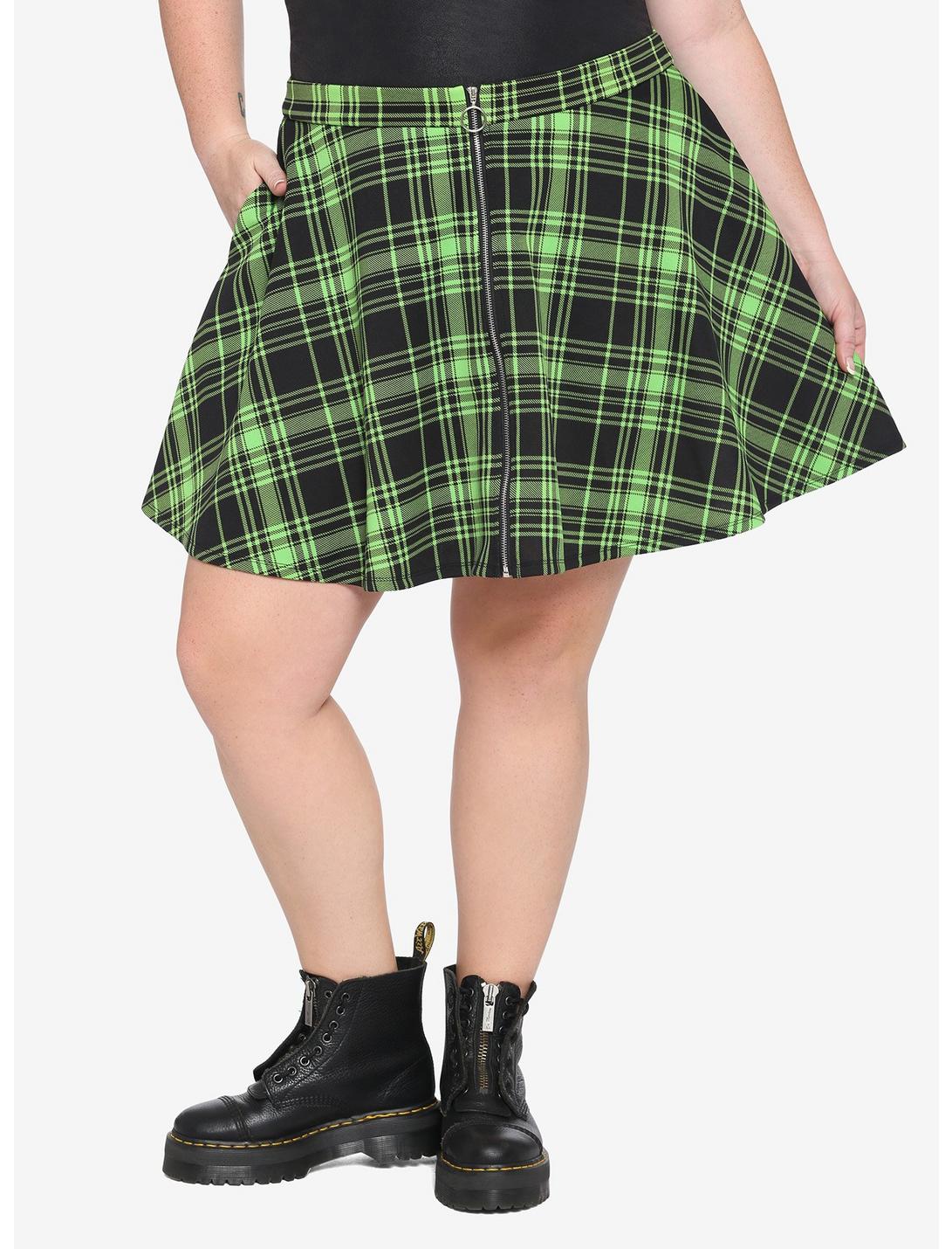 Black & Neon Green Plaid O-Ring Skater Skirt Plus Size, PLAID - GREEN, hi-res