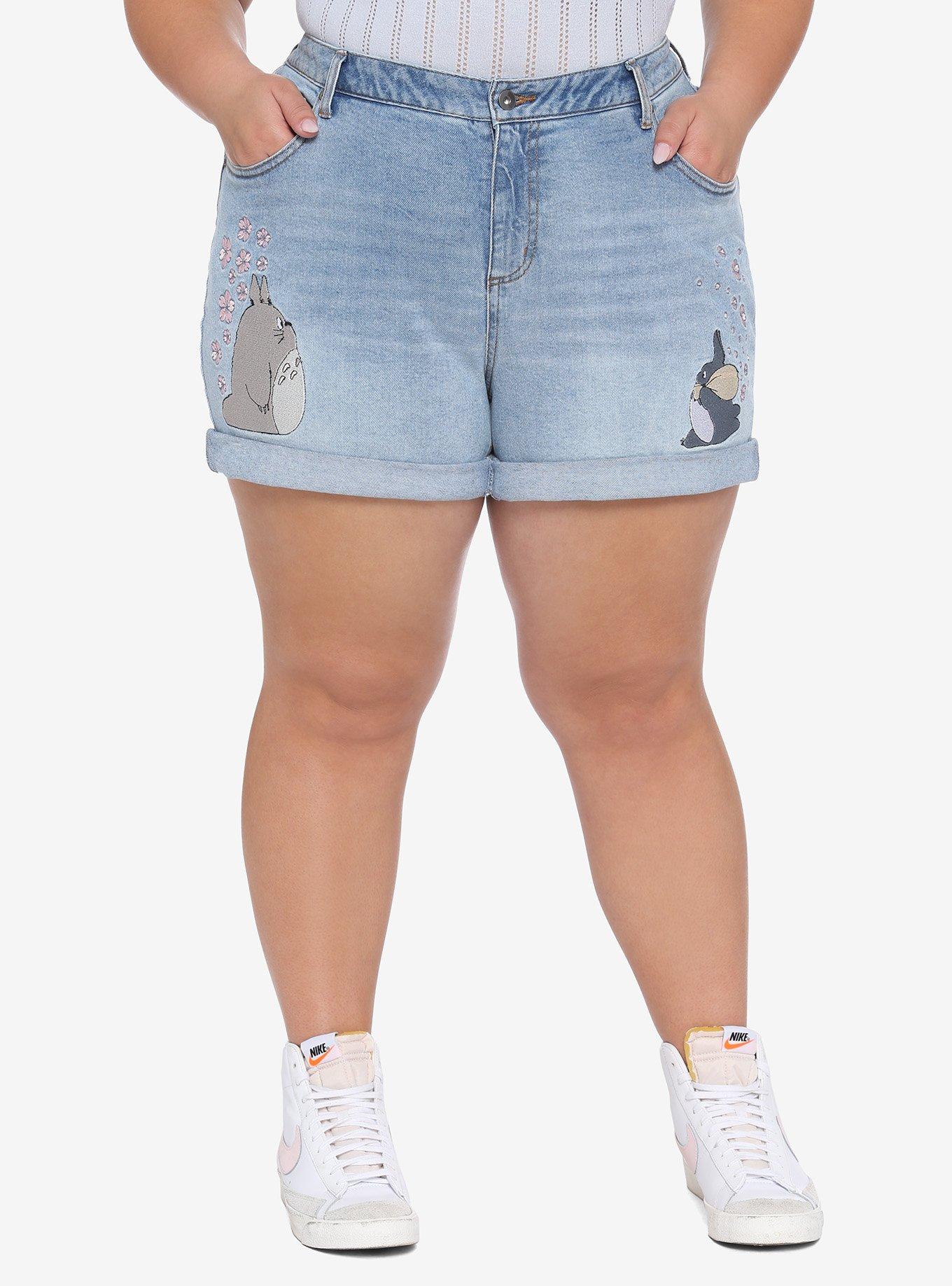 Studio Ghibli My Neighbor Totoro Petals Embroidered High-Waisted Denim Shorts Plus Size, MULTI, hi-res