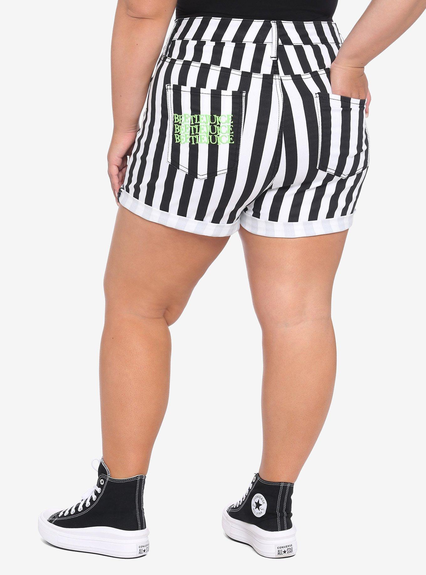 Beetlejuice Stripe Hi-Rise Button-Front Shorts Plus Size, WHITE, hi-res