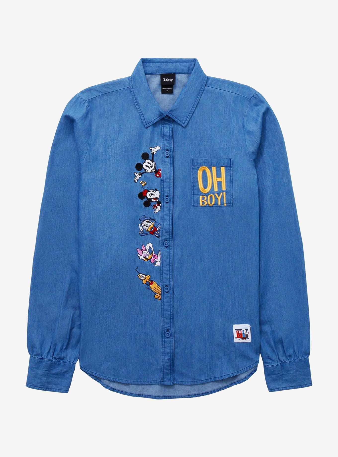 Disney Mickey and Minnie's Runaway Railway Oh Boy!  Women's Long Sleeve Woven Button-Up - BoxLunch Exclusive, DENIM, hi-res