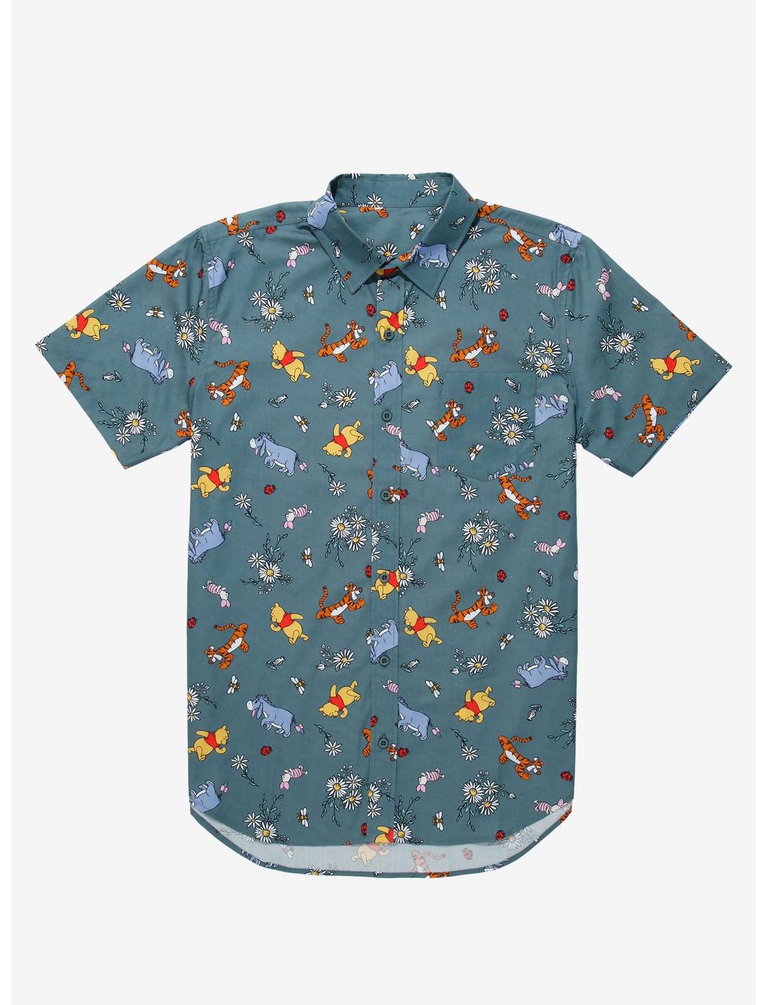 Disney Winnie the Pooh Pooh & Friends Allover Print Woven Button-Up - BoxLunch Exclusive, OLIVE, hi-res