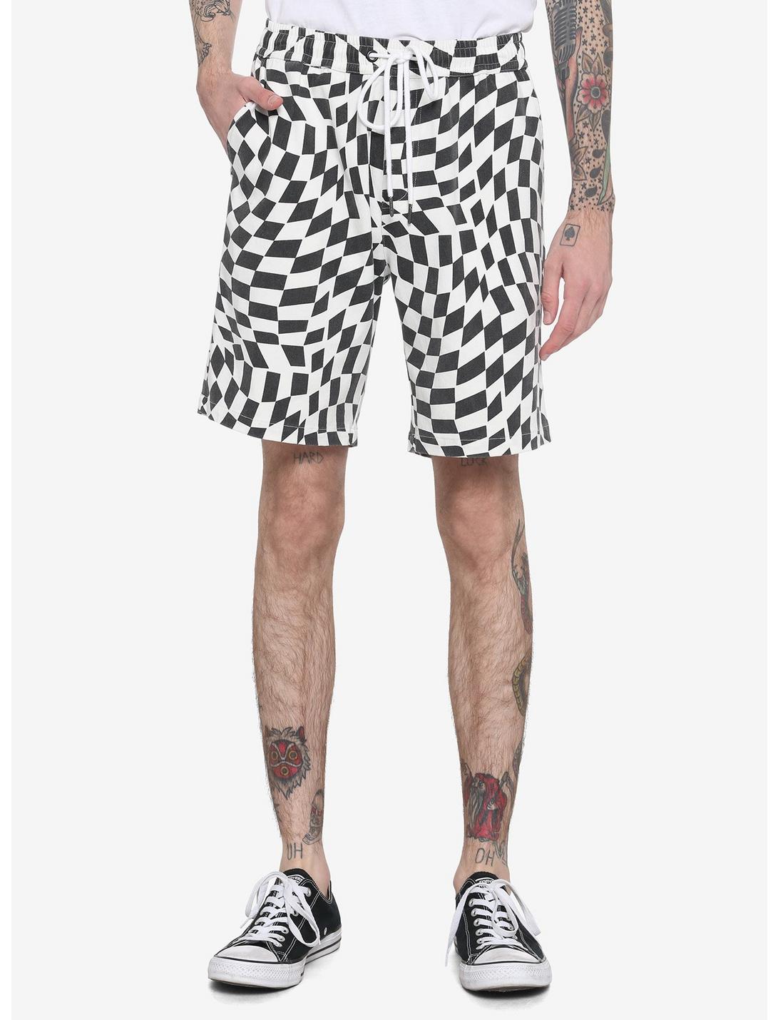 Warped Black & White Checkered Jogger Shorts, Check 1 2 White Black, hi-res