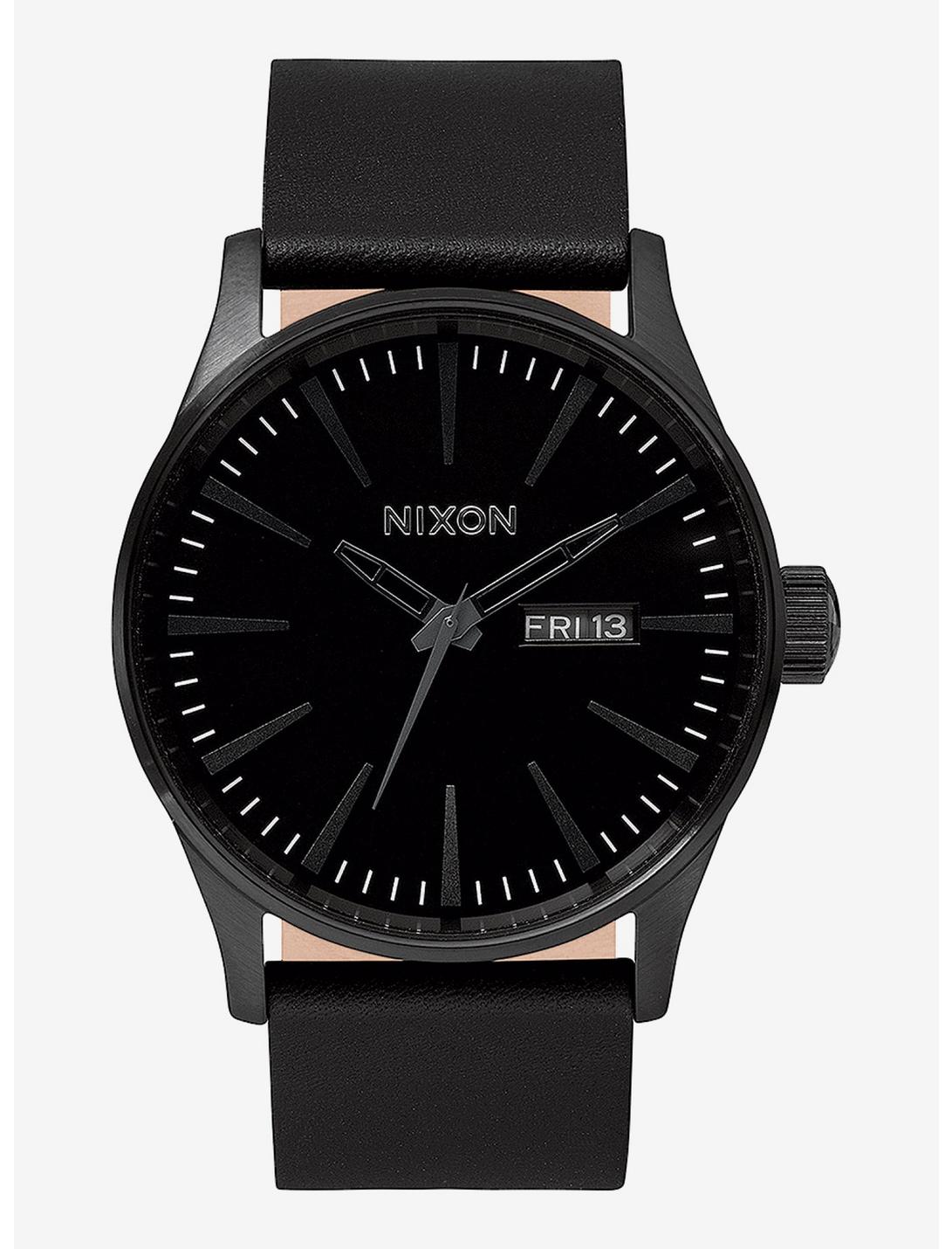 Plus Size Nixon Sentry Leather All Black Watch, , hi-res