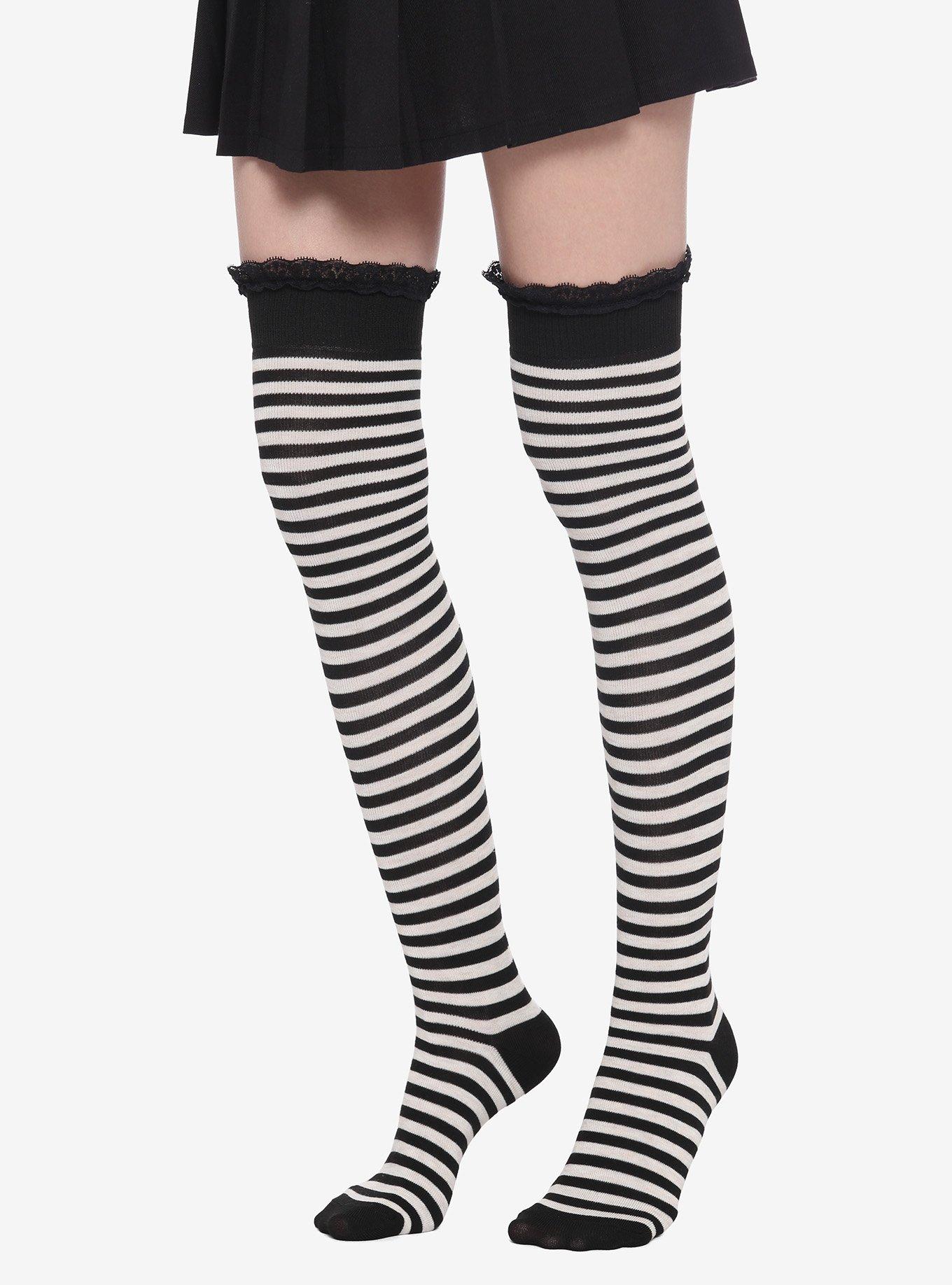Black & White Stripe Lace Thigh Highs, , hi-res