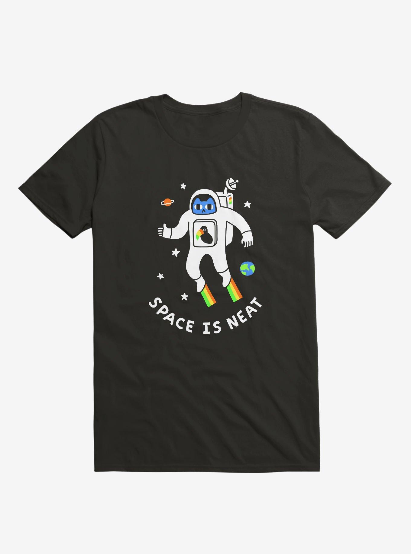 Space Is Neat Cat Astronaut Black T-Shirt