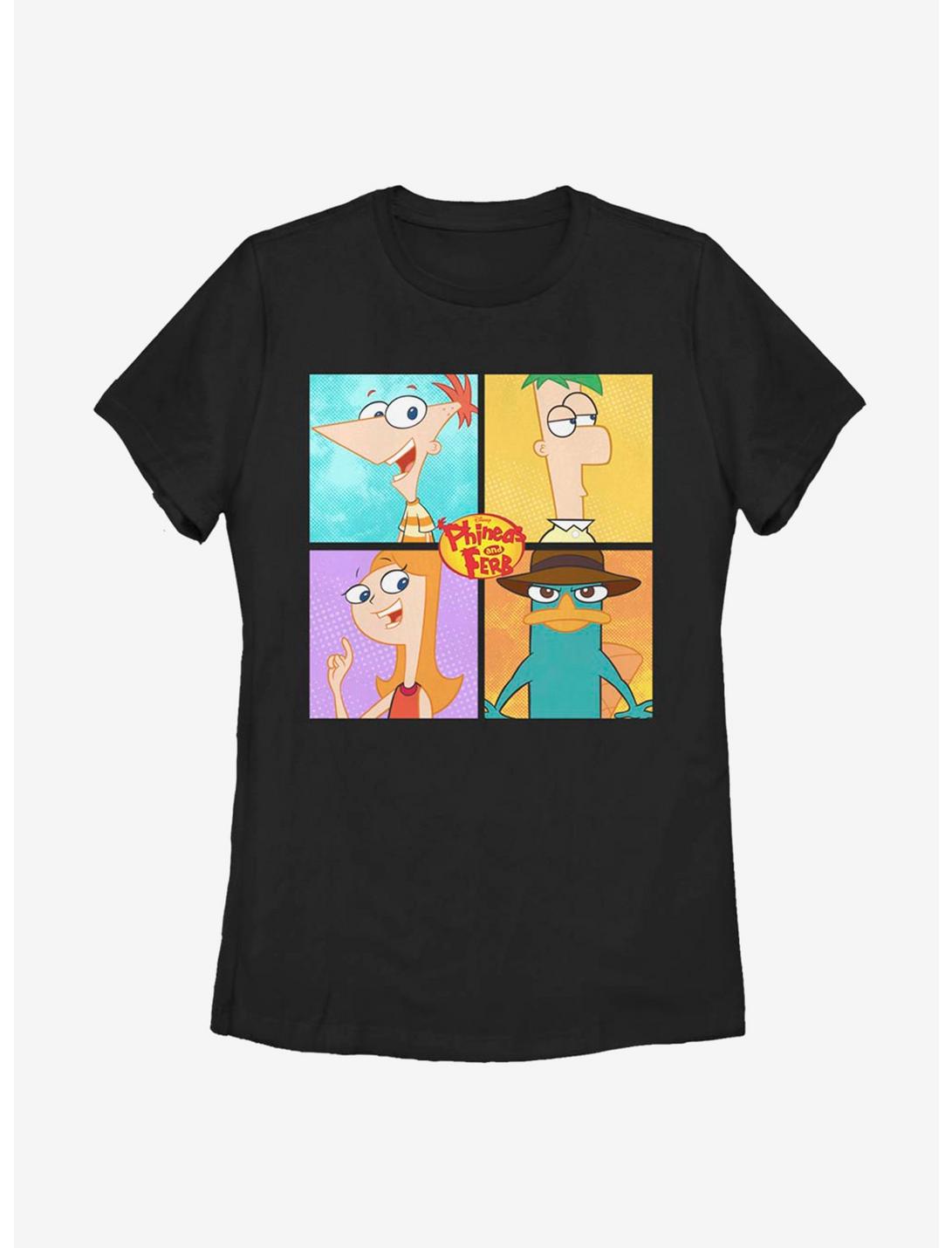 Disney Phineas And Ferb Character Box Up Womens T-Shirt, BLACK, hi-res