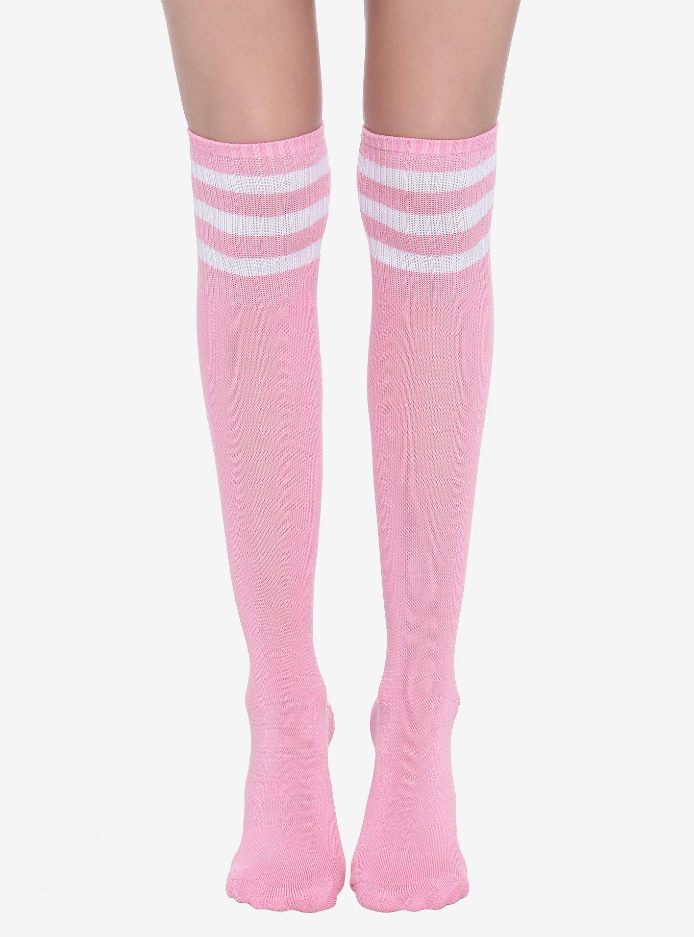Pink & White Varsity Stripe Knee-High Socks, , hi-res