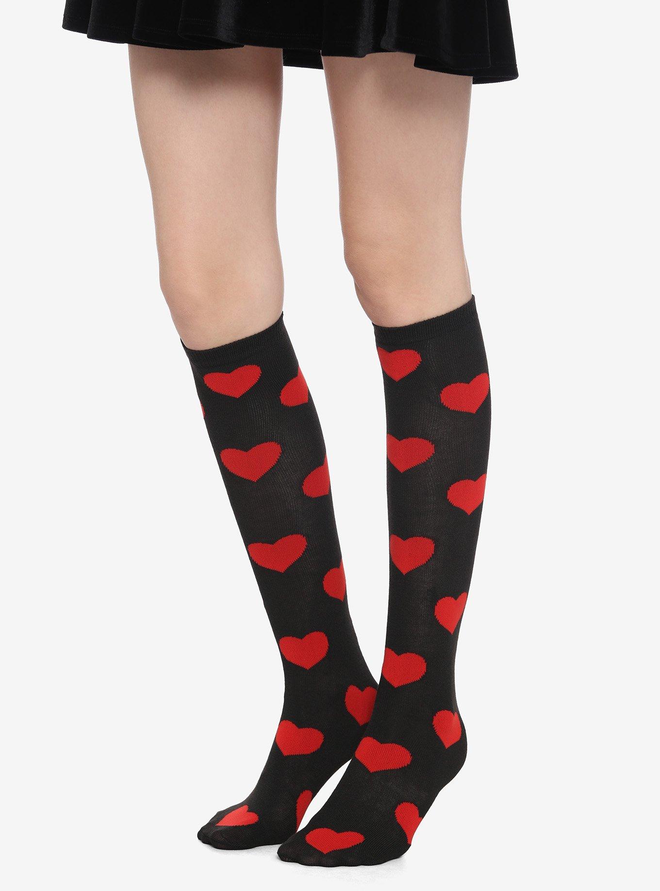 Black & Red Heart Knee-High Socks, , hi-res