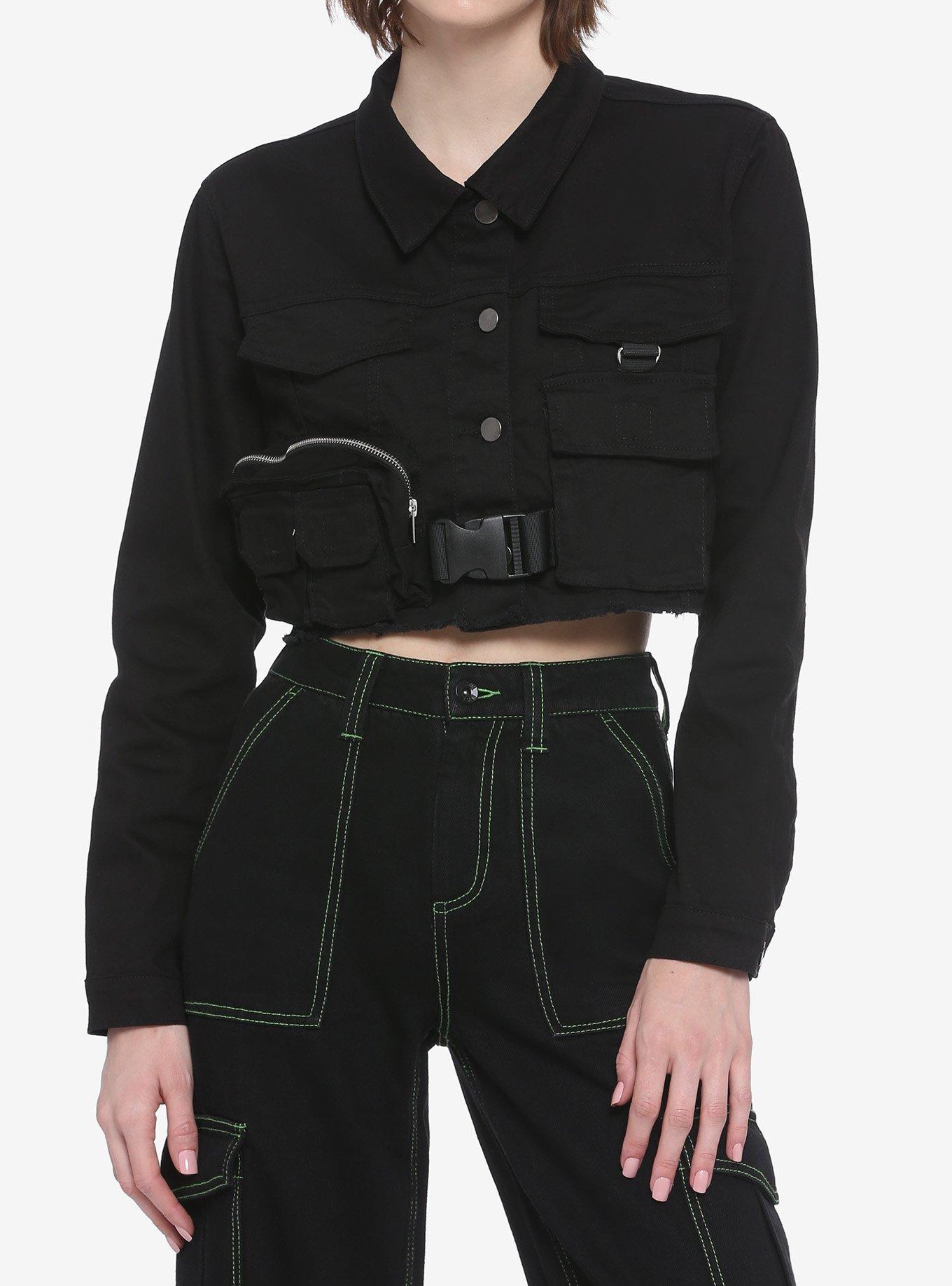 Black Pockets & Buckle Girls Crop Cargo Jacket, BLACK, hi-res