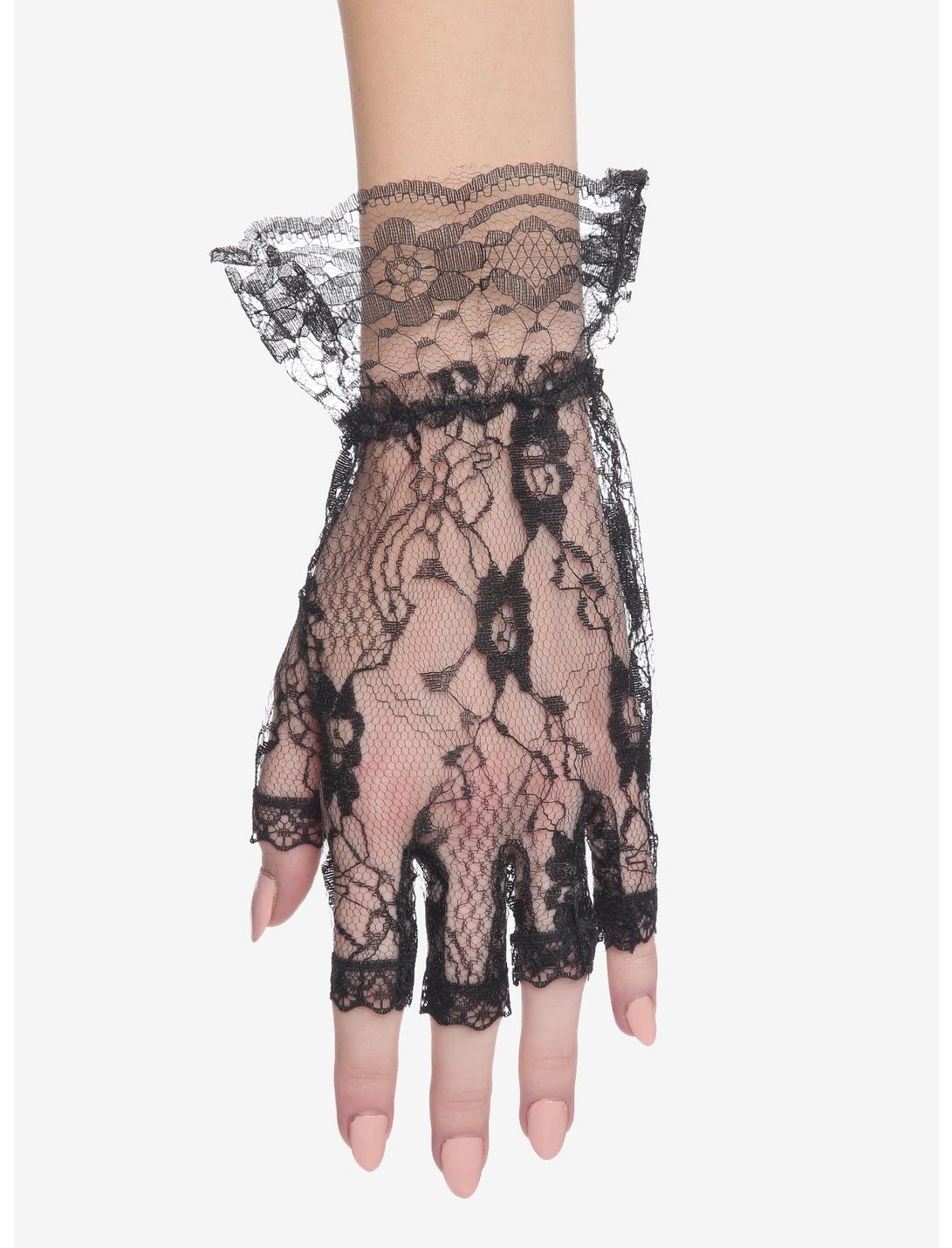 Black Lace Ruffle Fingerless Gloves, , hi-res