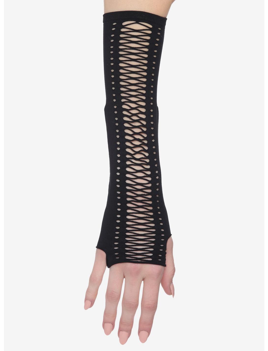 Black Lace-Up Arm Warmers, , hi-res