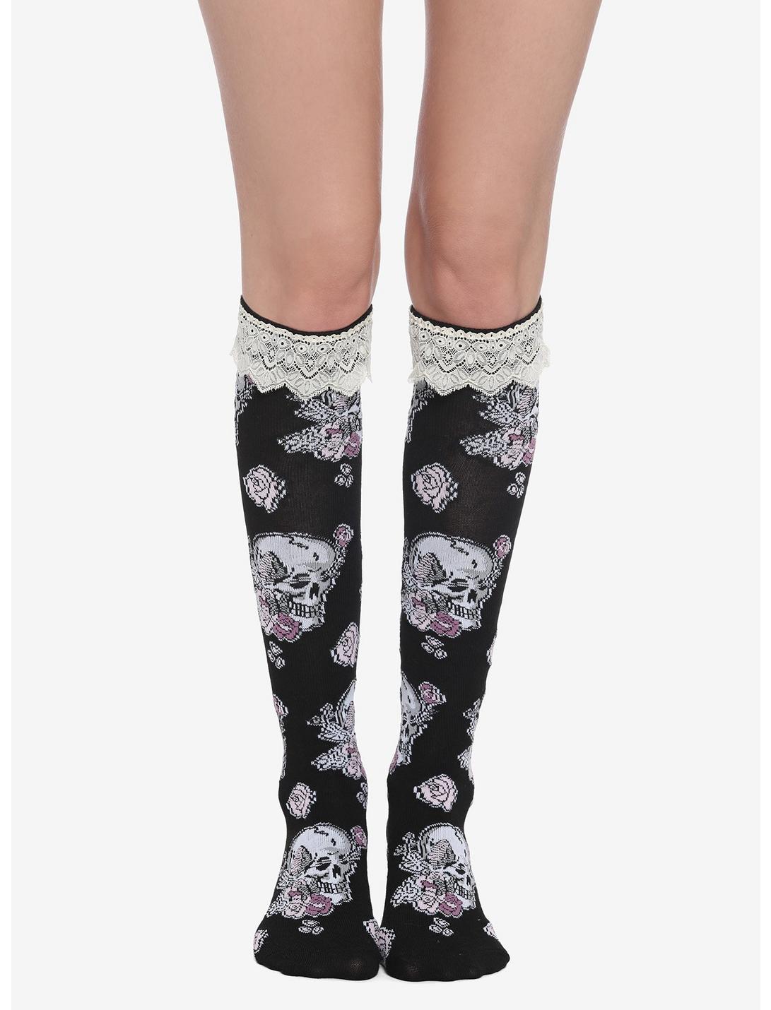 Floral Skull Lace Knee-High Socks, , hi-res