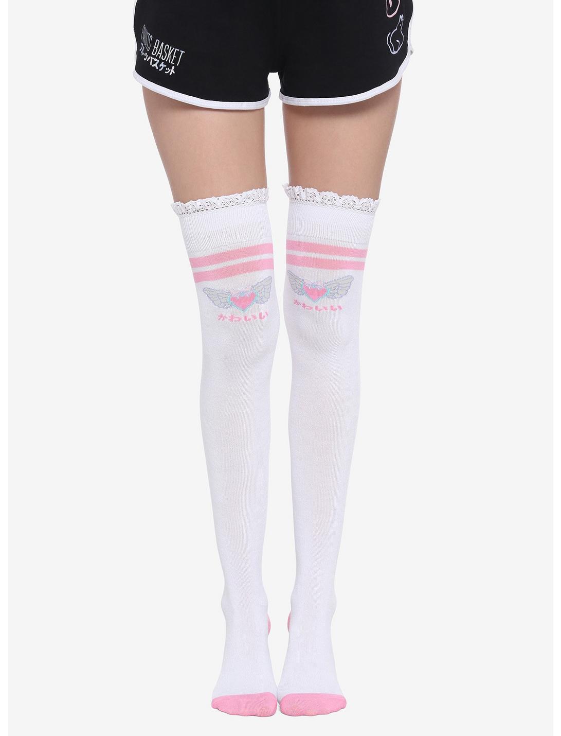 Pink & White Winged Heart Thigh-High Socks, , hi-res