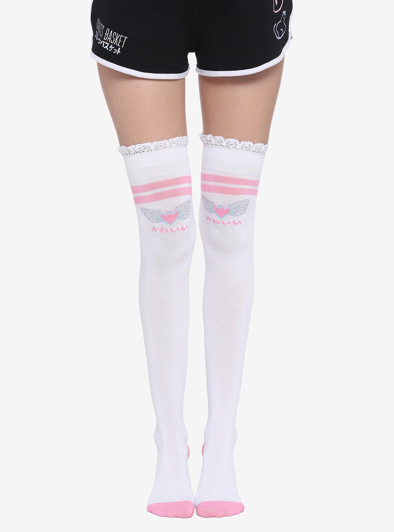 Pink White Winged Heart Thigh High Socks Hot Topic