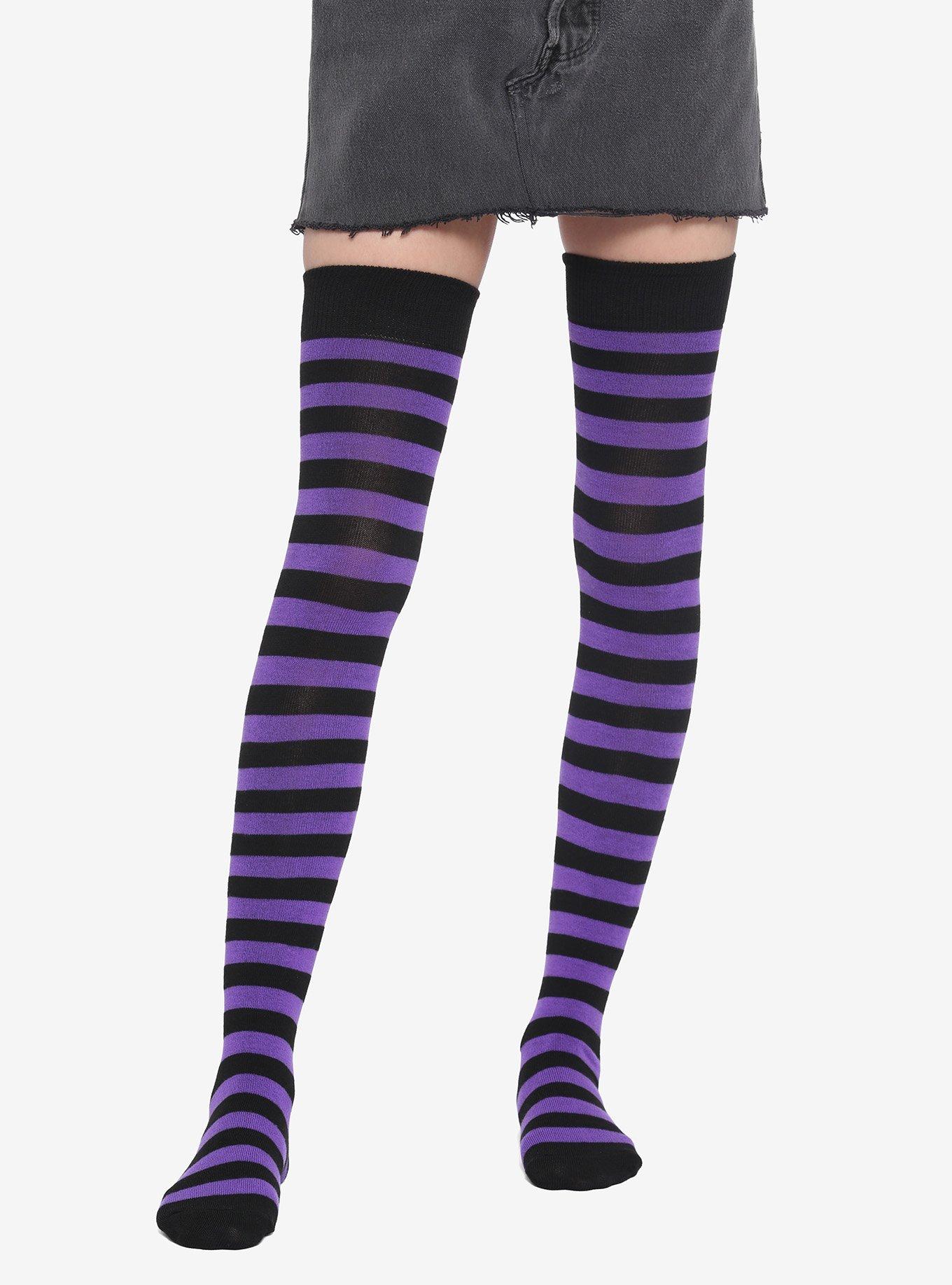 Black & Purple Stripe Thigh-High Socks, , hi-res