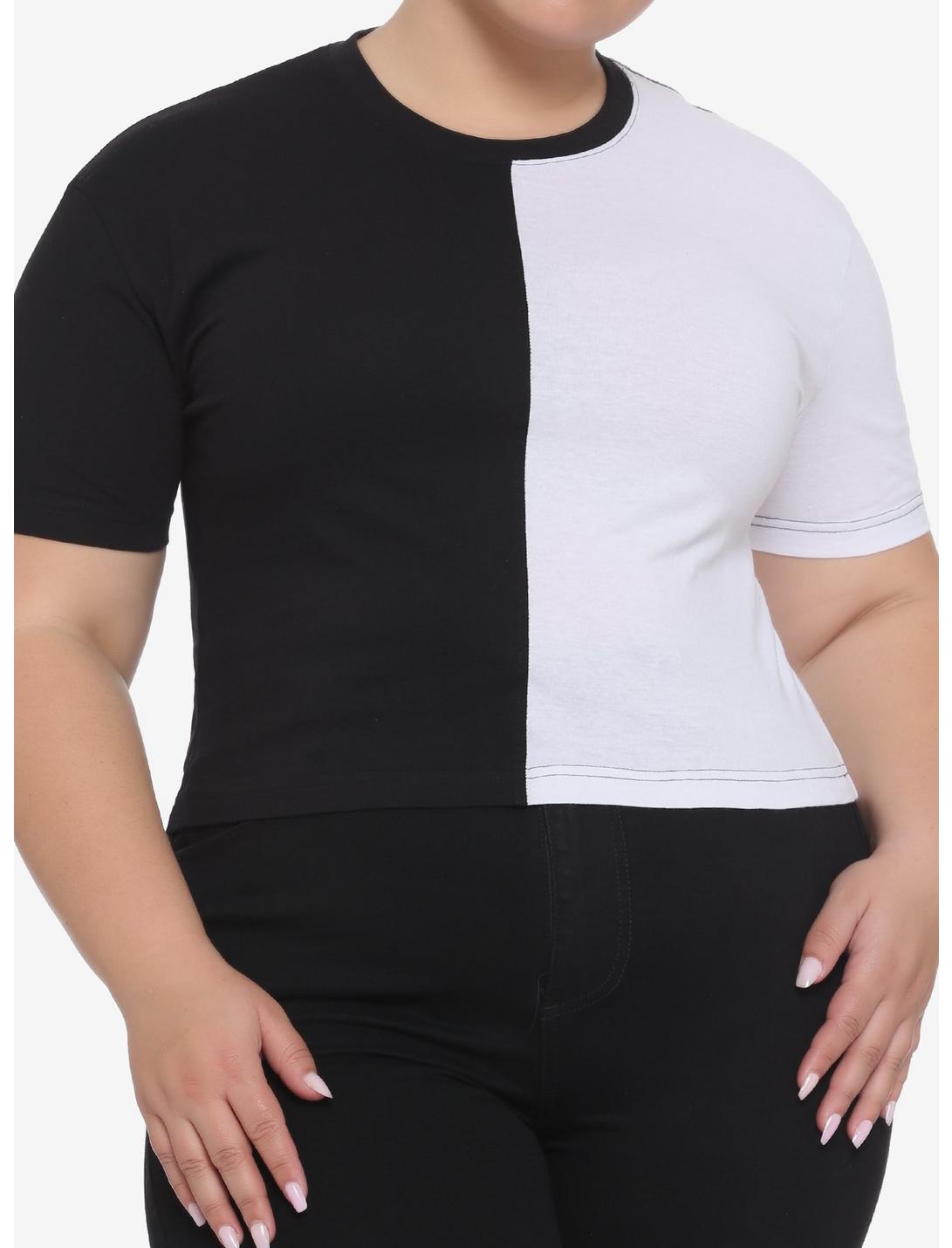 Black & White Split Girls Crop T-Shirt Plus Size, MULTI, hi-res