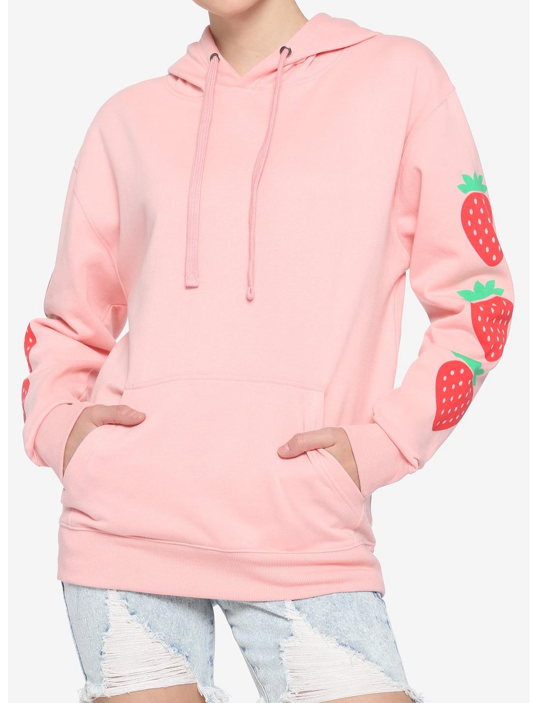 Pink Strawberry Sleeve Girls Hoodie, PINK, hi-res