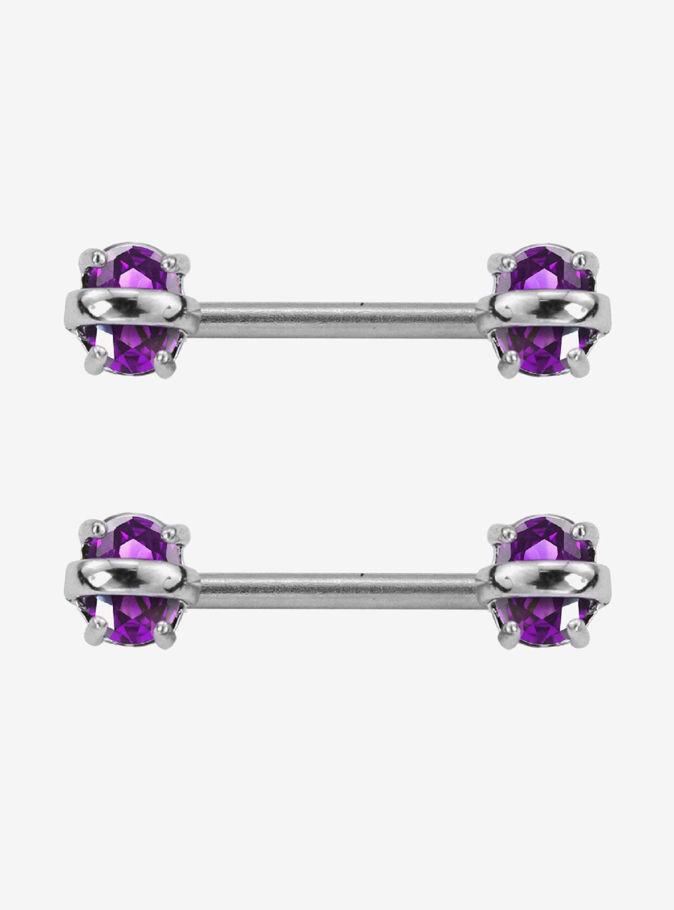 14G Steel Amethyst CZ Gem Nipple Barbell 2 Pack, , hi-res