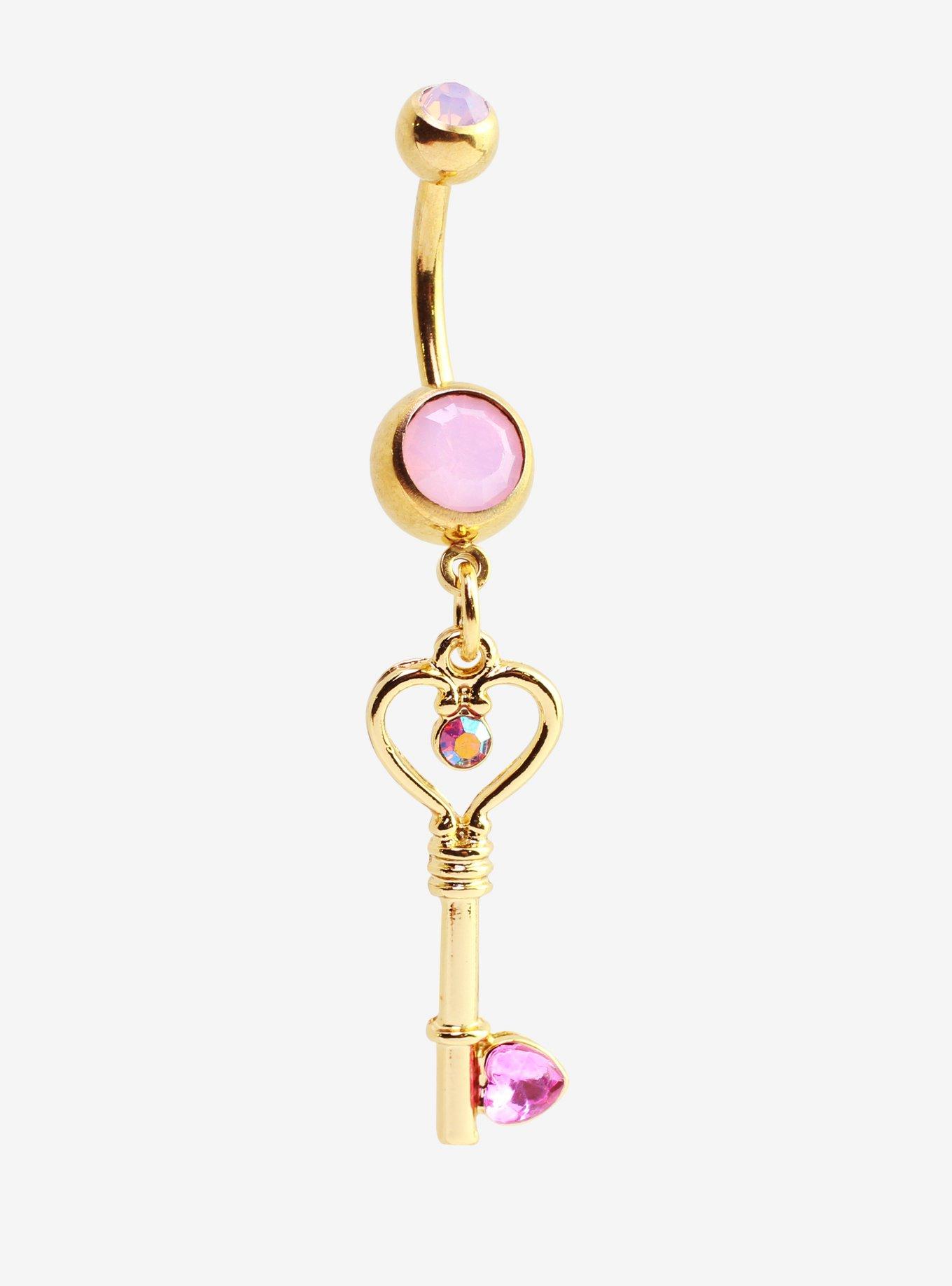 14G Steel Gold Pink Gem Key Navel Barbell, , hi-res