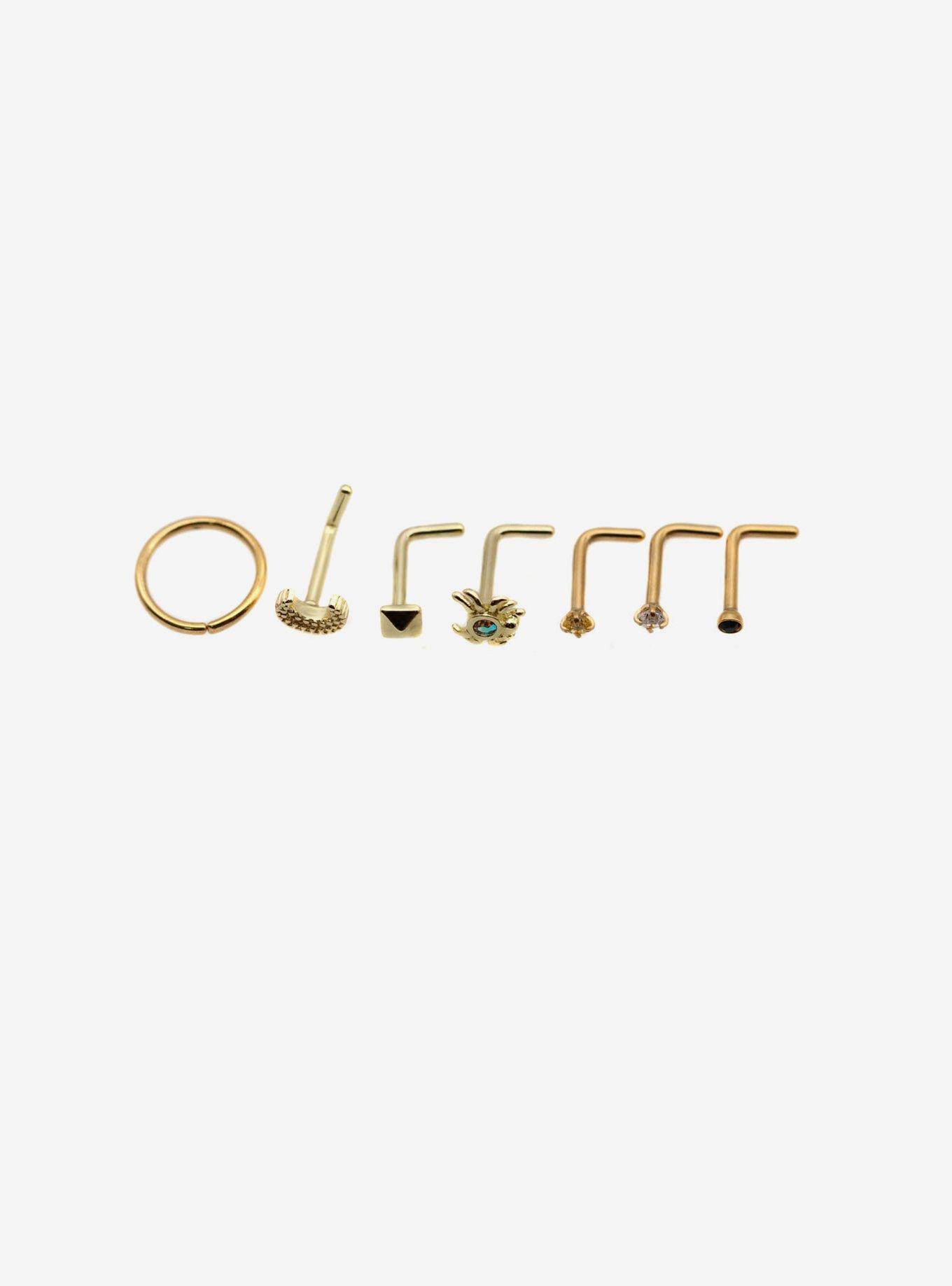 Steel Gold Nose Stud & Hoop 7 Pack, GOLD, hi-res