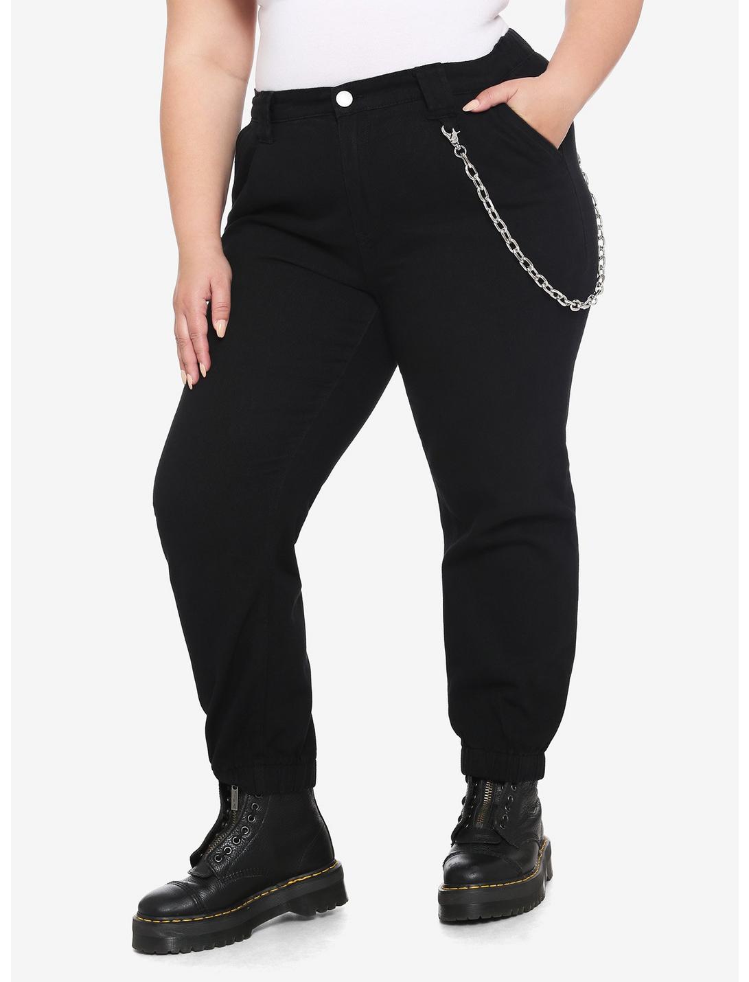 Black Denim Chain Jogger Pants Plus Size, BLACK, hi-res