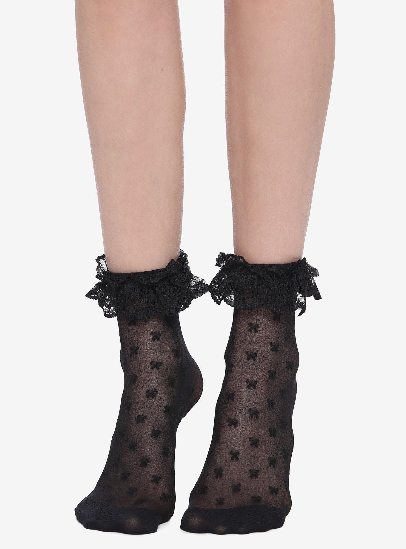 Black Bow Ruffle Sheer Ankle Socks, , hi-res