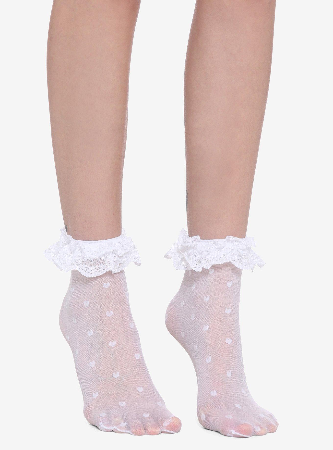 White Heart Ruffle Sheer Ankle Socks, , hi-res