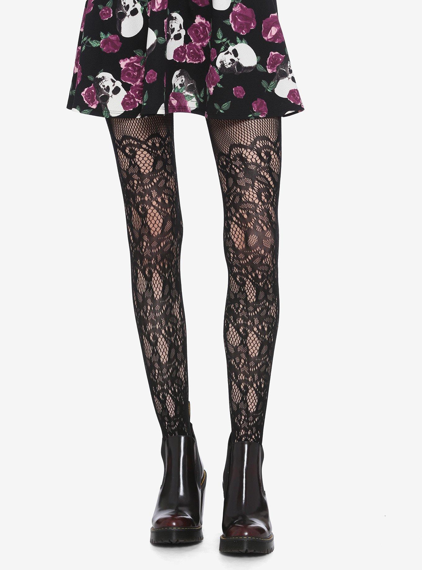 Black Floral Lace Fishnet Tights, , hi-res
