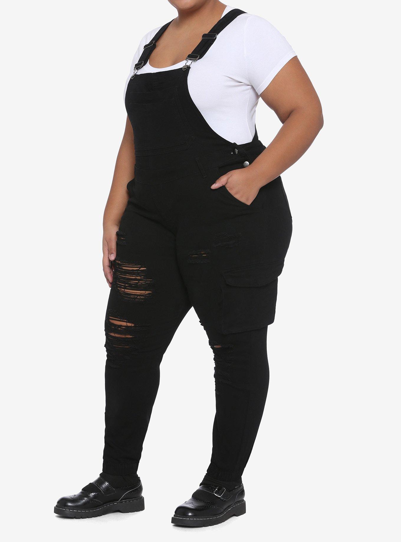 Black Destructed Cargo Overalls Plus Size, BLACK, hi-res