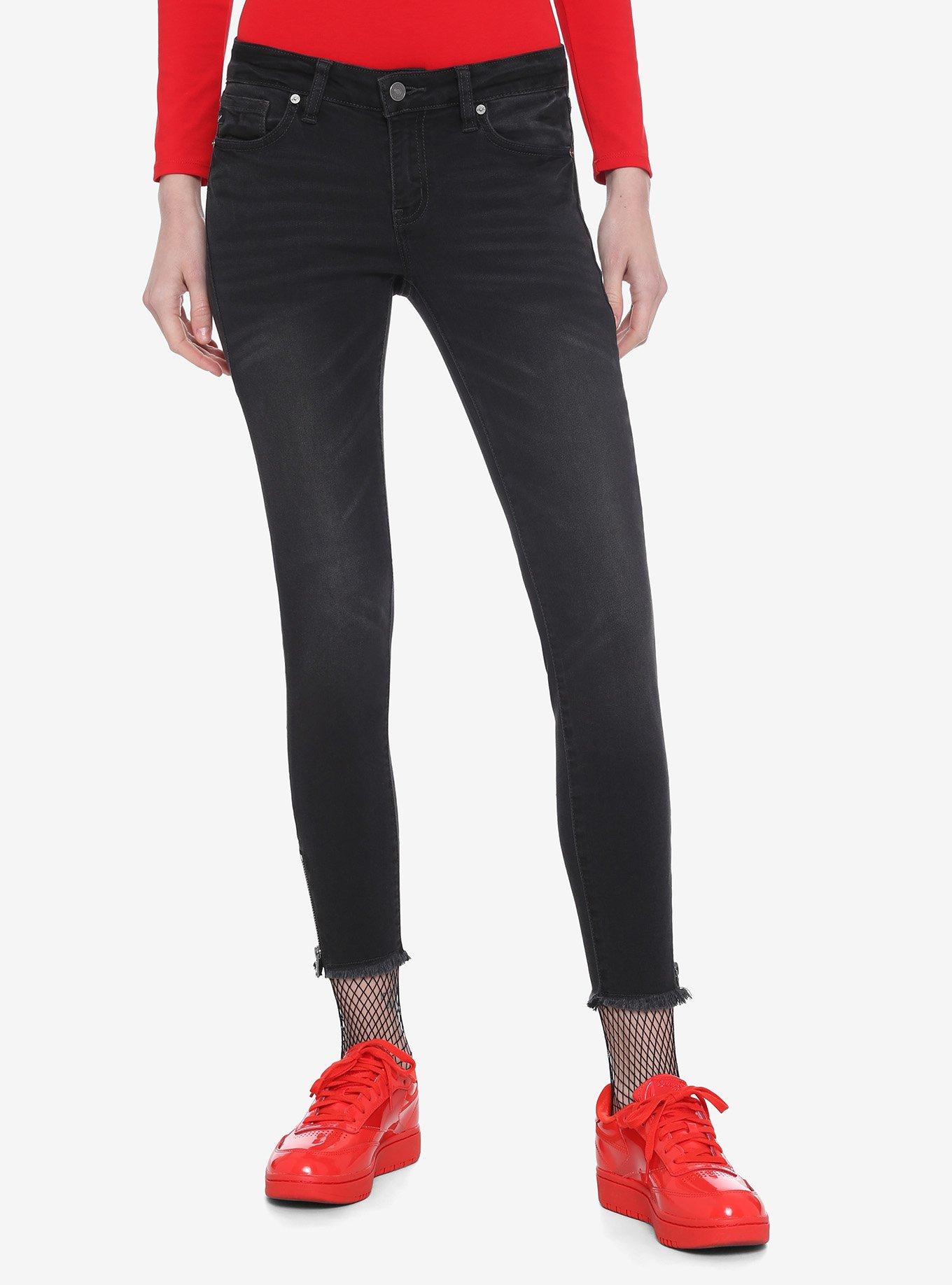 Black Zipper Ankle Skinny Jeans, BLACK, hi-res