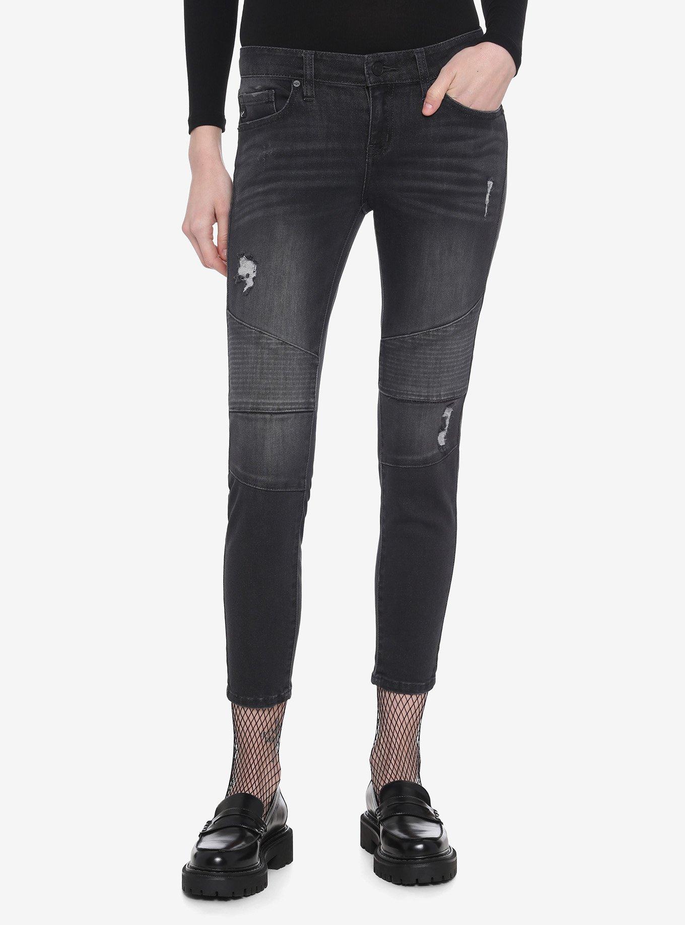 Black Destructed Moto Wash Crop Skinny Jeans, BLACK, hi-res