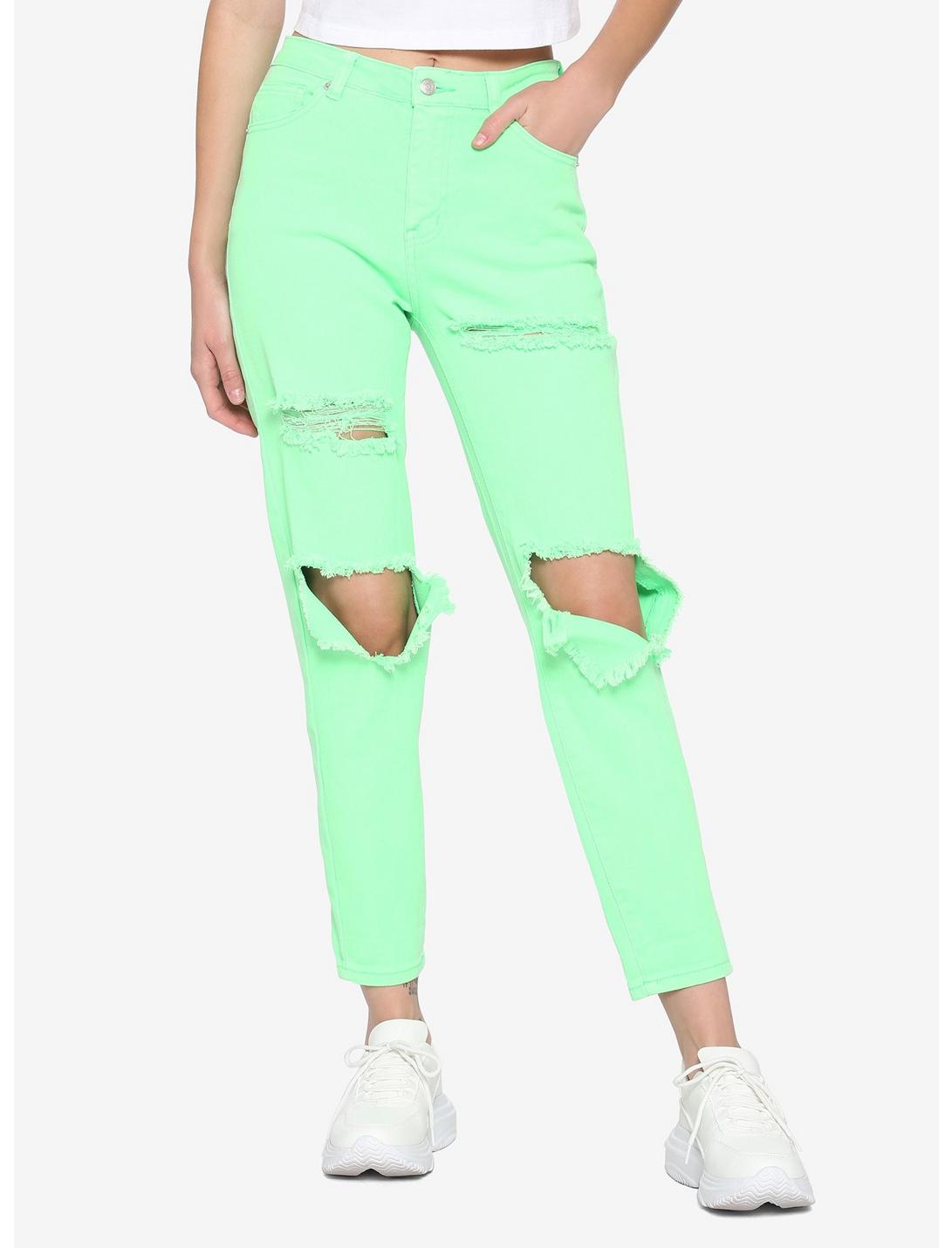 Neon Green Destructed Jeans, , hi-res