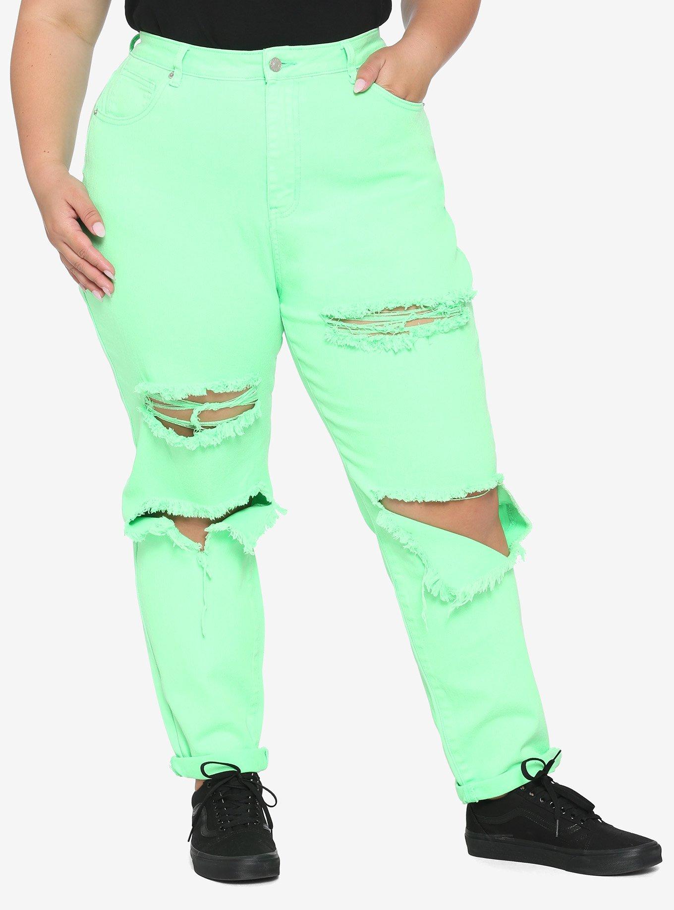 Neon Green Distressed Front Jeans Plus Size, GREEN, hi-res