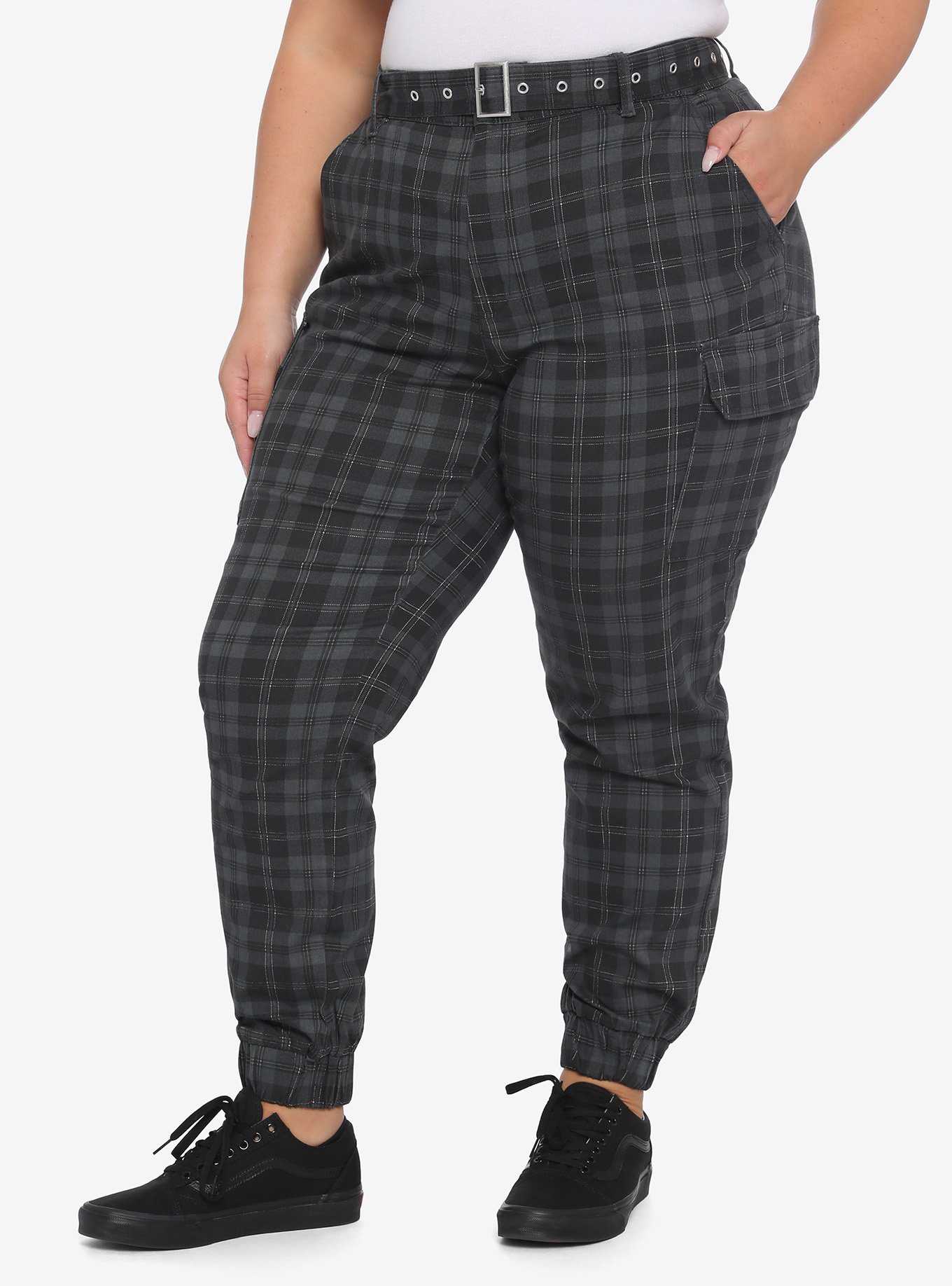 Black & Grey Plaid Cargo Pants Plus Size, , hi-res