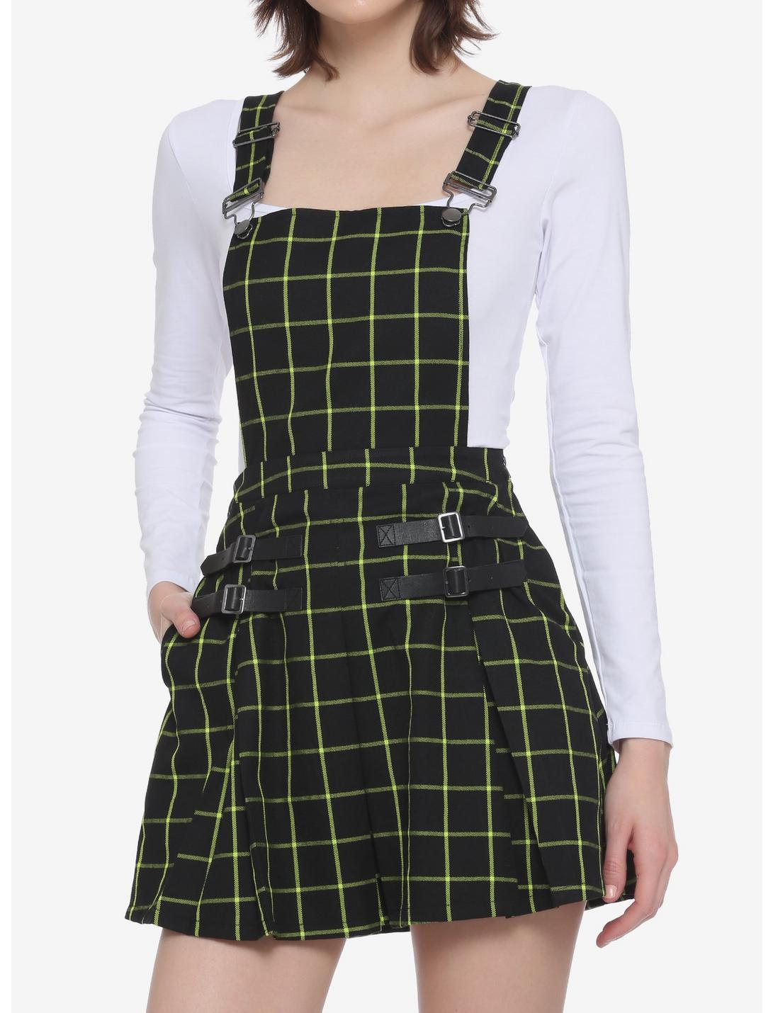Green & Black Grid Plaid Pleated Skirtall, BLACK, hi-res