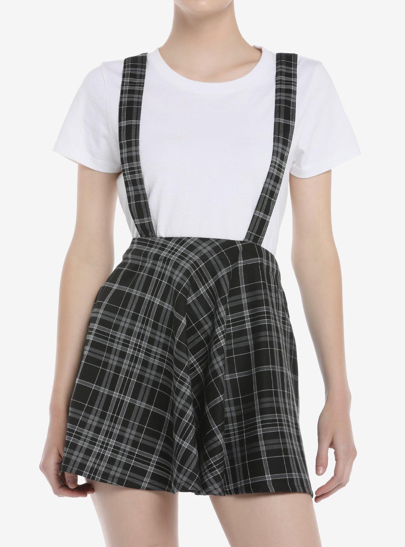 Black & Grey Plaid Suspender Skirt