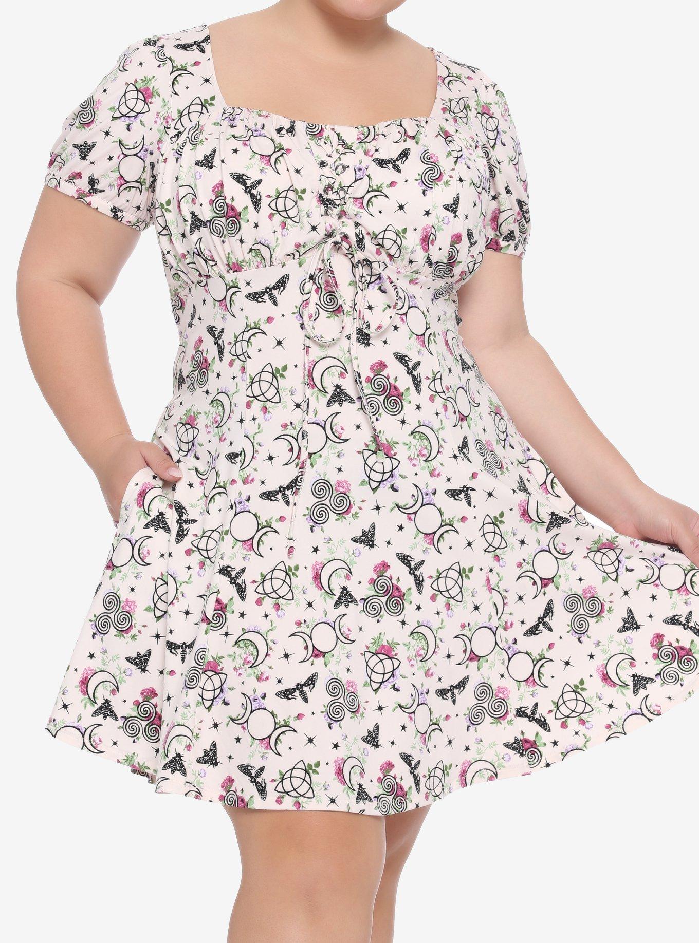 Witchy Florals Empire Dress Plus Size, WHITE, hi-res