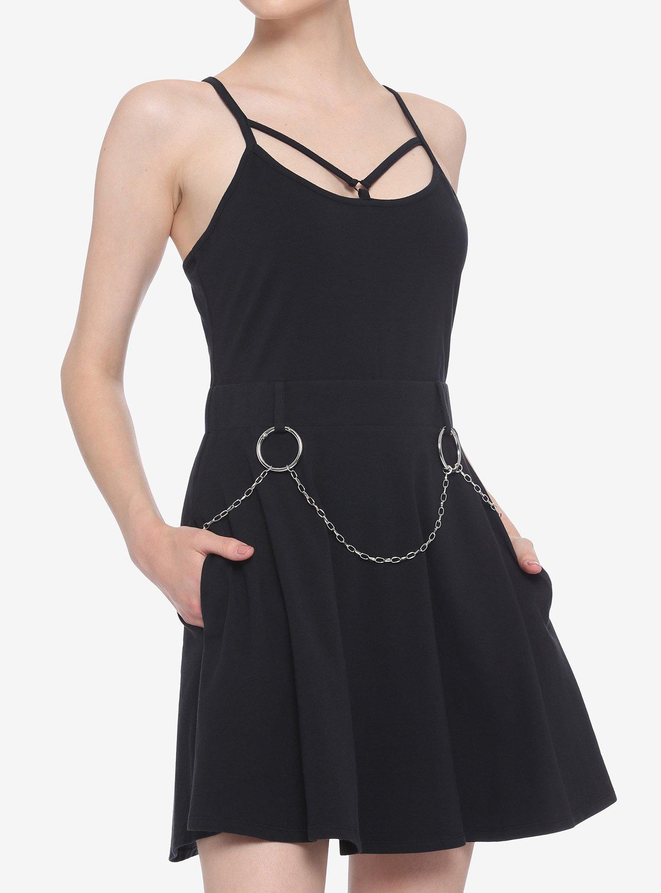 Chain Belt Strappy Skater Dress, BLACK, hi-res