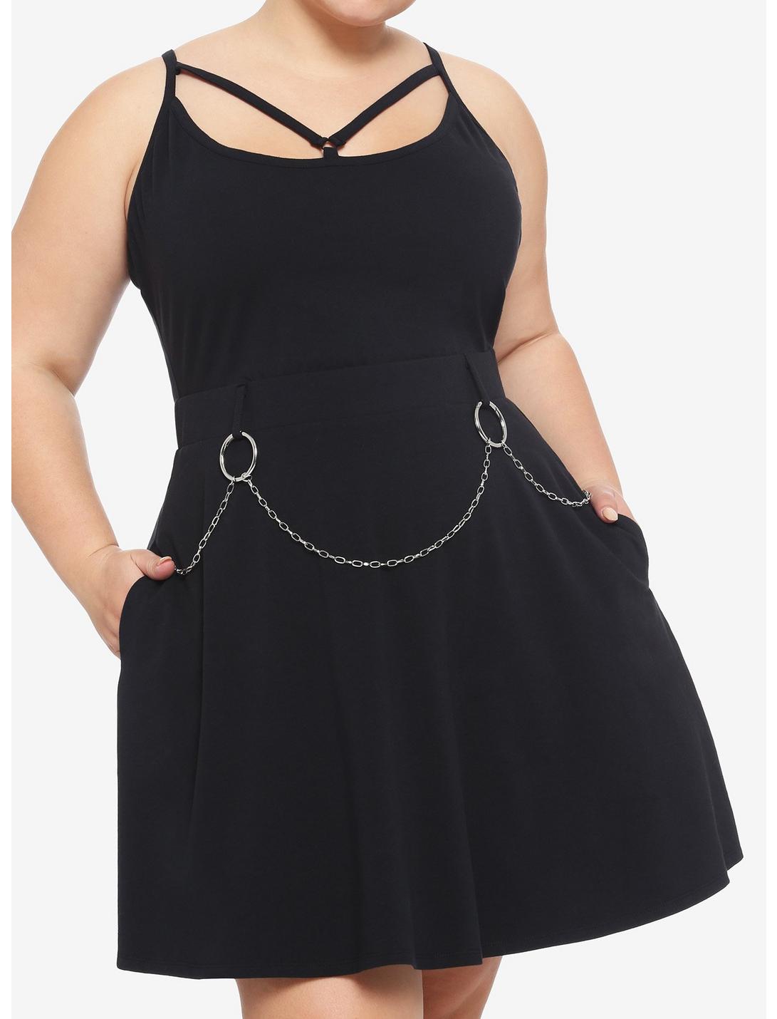 Chain Belt Strappy Skater Dress Plus Size, BLACK, hi-res