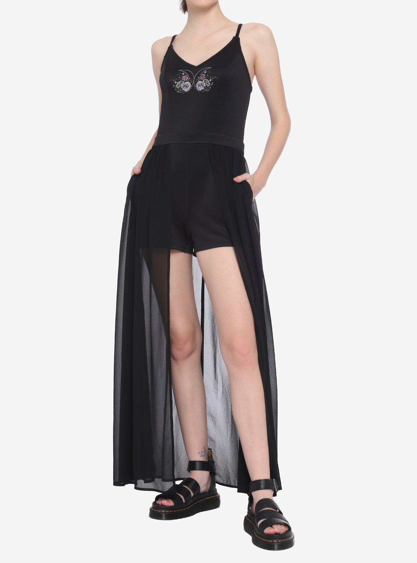 Double Moon & Flowers Embroidered Duster Romper, BLACK, hi-res