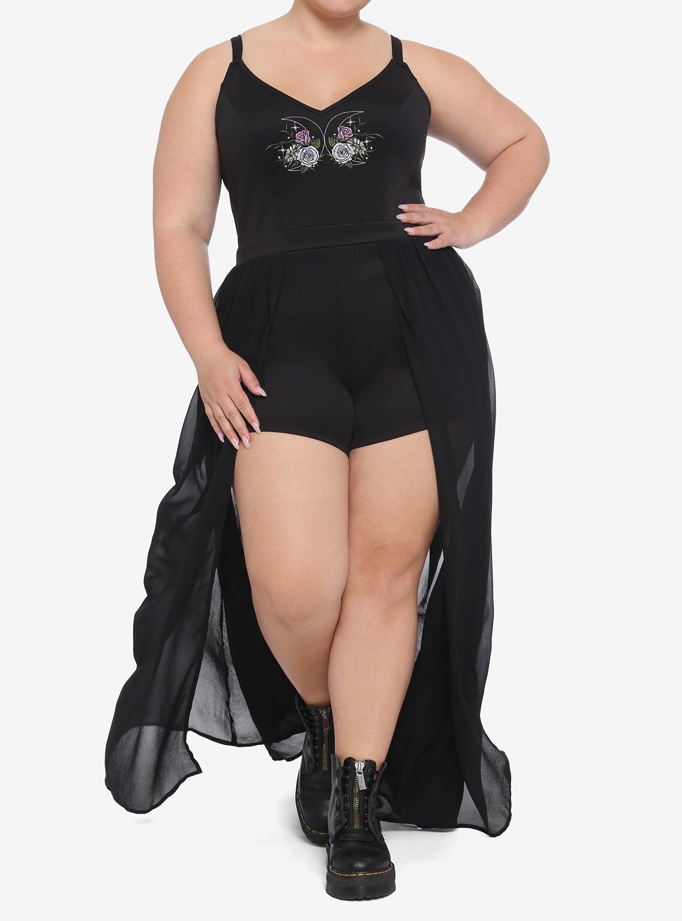 Double Moon & Flowers Embroidered Duster Romper Plus Size, BLACK, hi-res