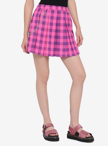 Pink Purple Plaid Pleated Chain Skirt Hot Topic