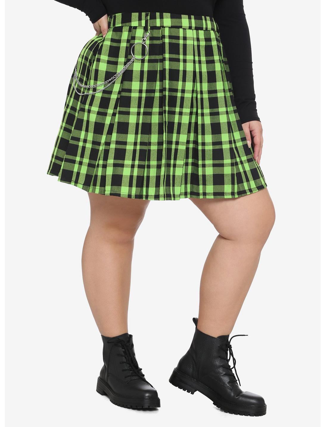 Green & Black Plaid Pleated Chain Skirt Plus Size, PLAID, hi-res