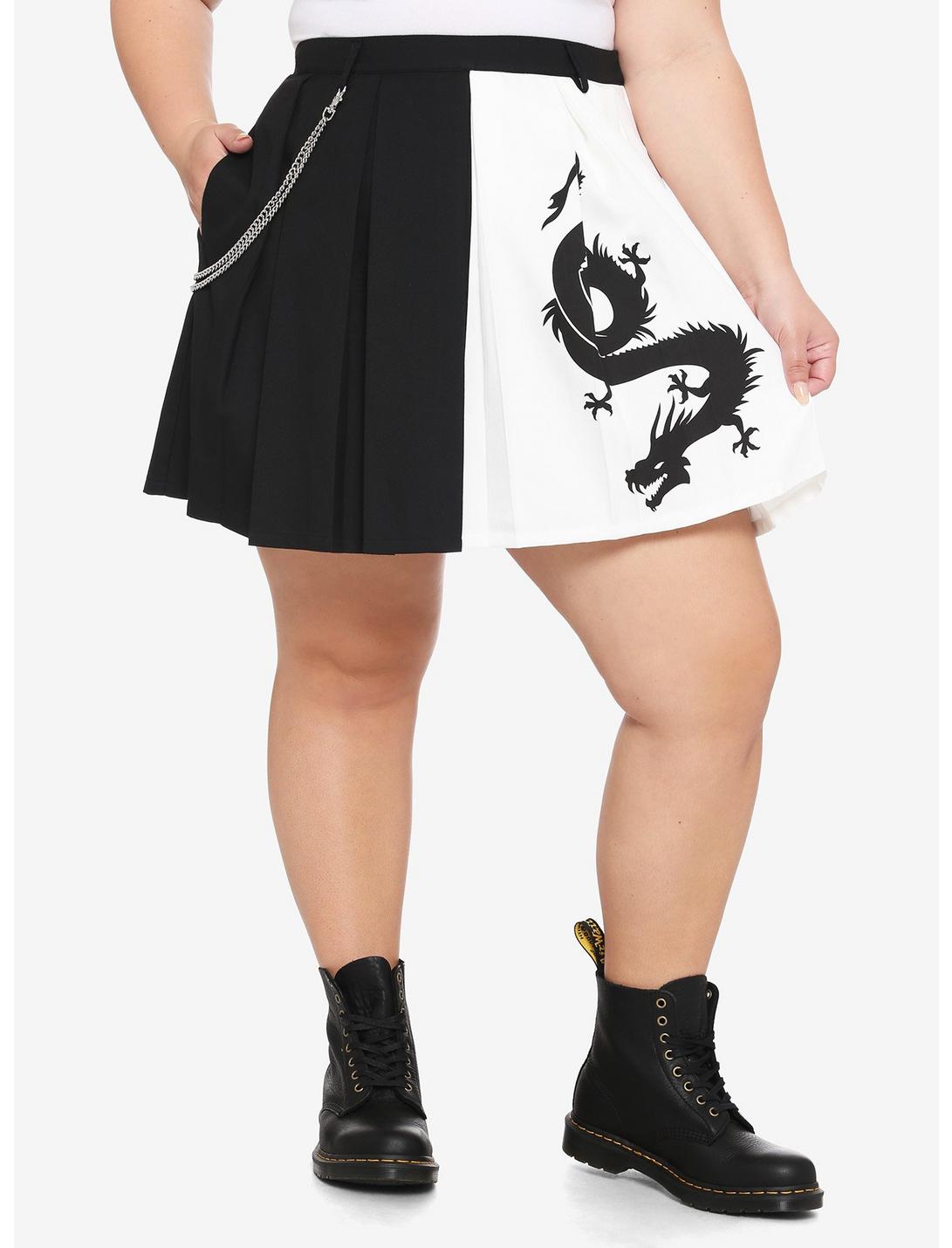 Dragon Black & White Split Pleated Chain Skirt Plus Size, MULTI, hi-res