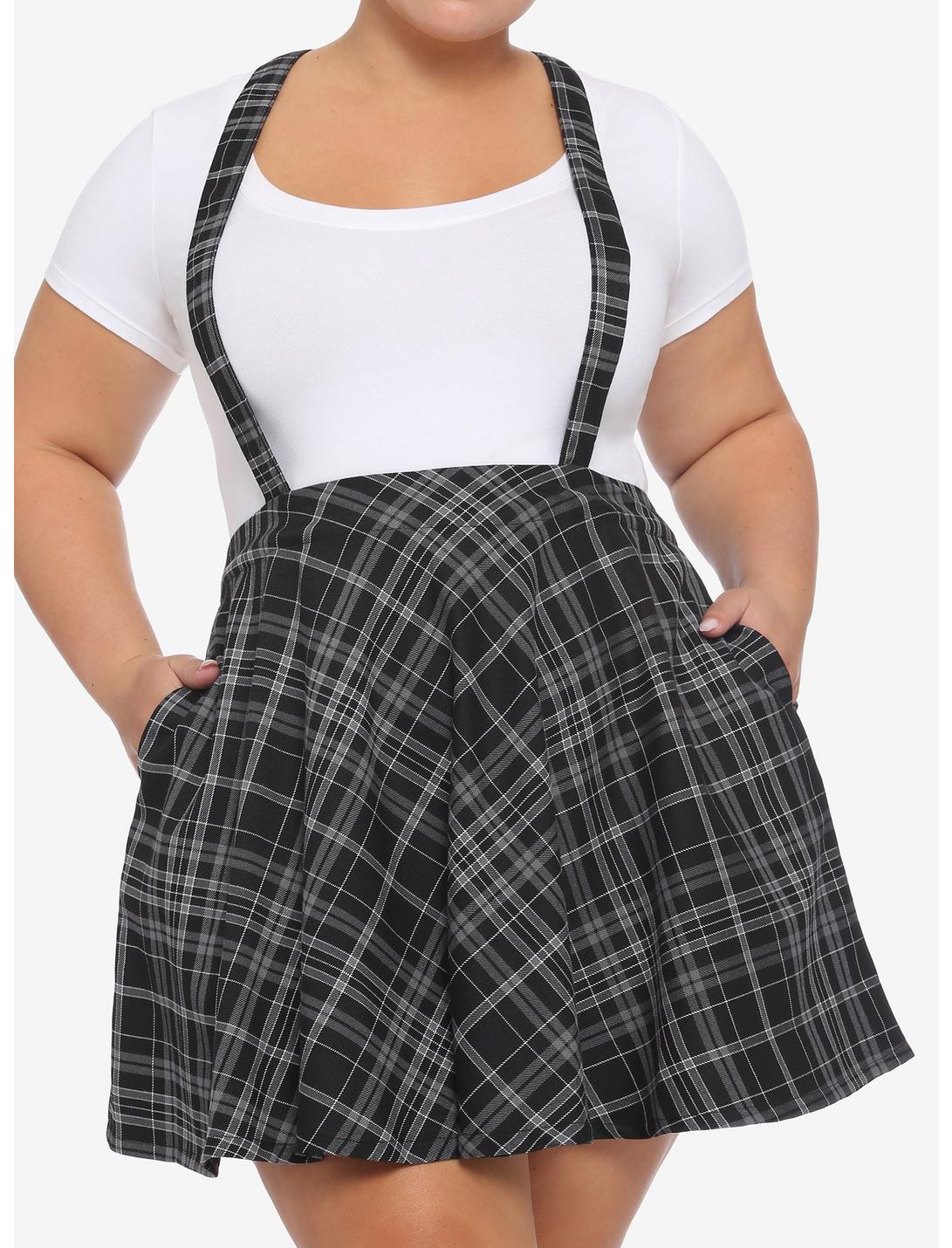Black & Grey Plaid Suspender Skirt Plus Size, PLAID - BLACK, hi-res