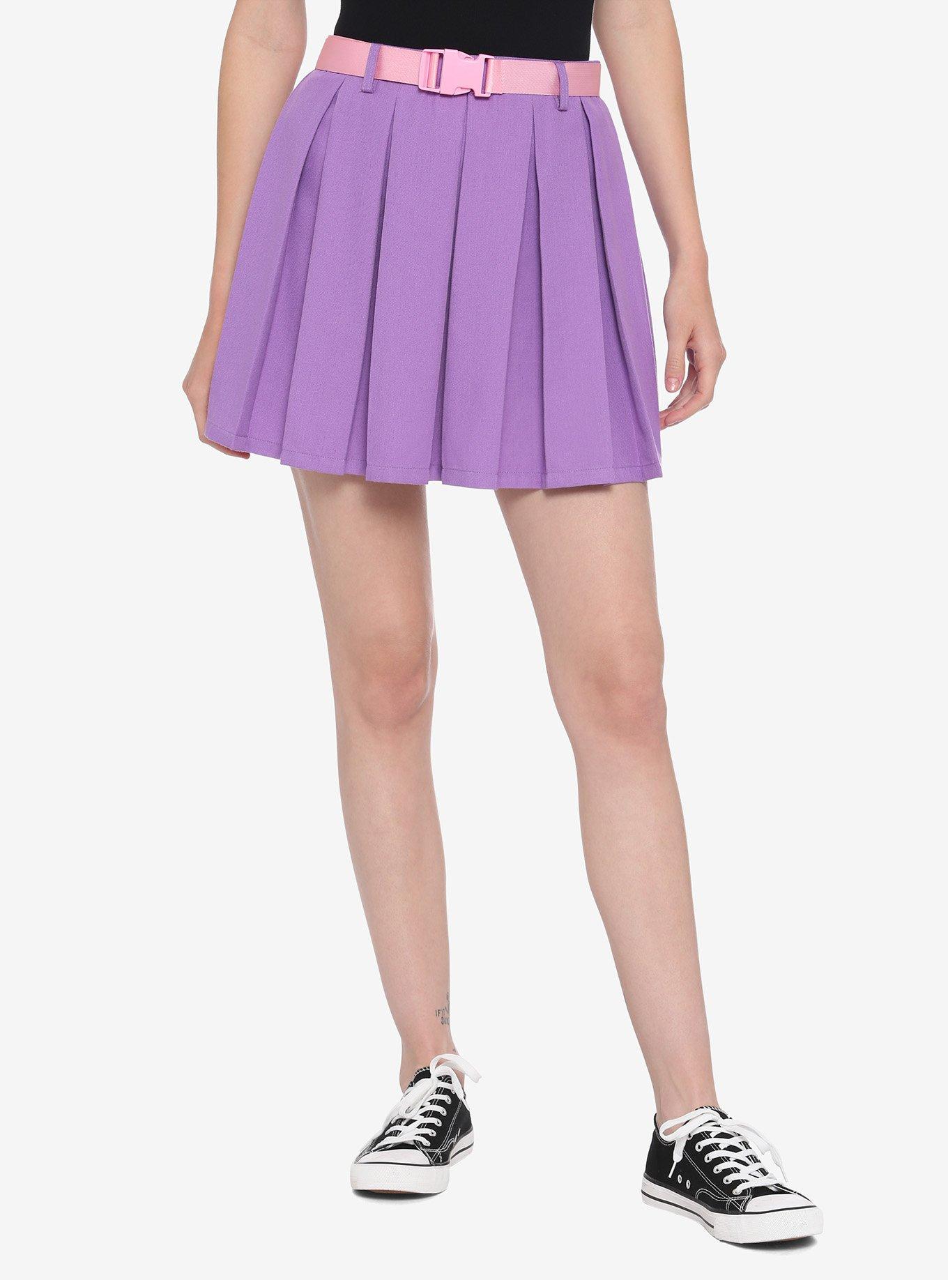 Purple Pleated Skirt With Pink Buckle Belt, MULTI, hi-res
