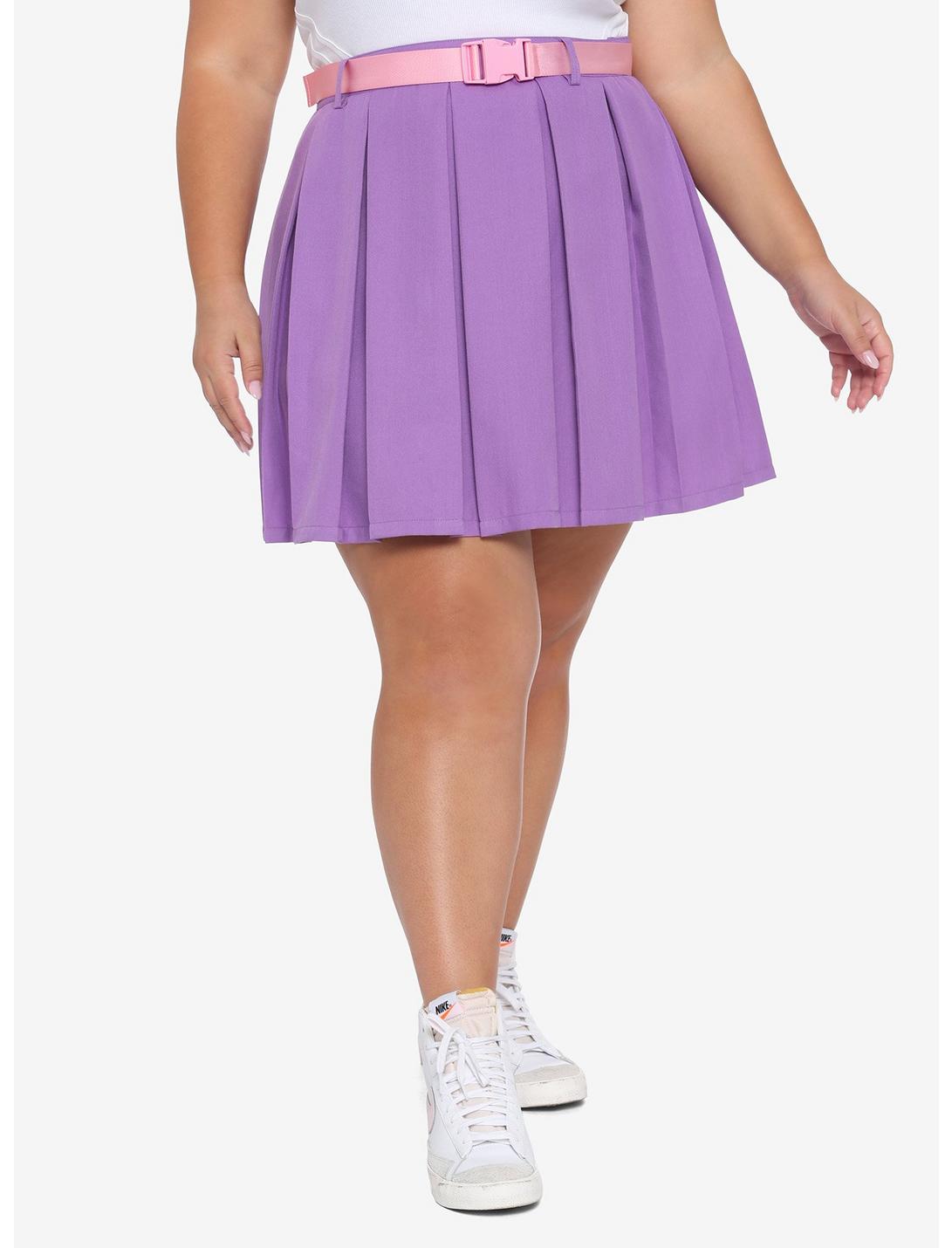 Purple Pleated Skirt With Pink Buckle Belt Plus Size, MULTI, hi-res